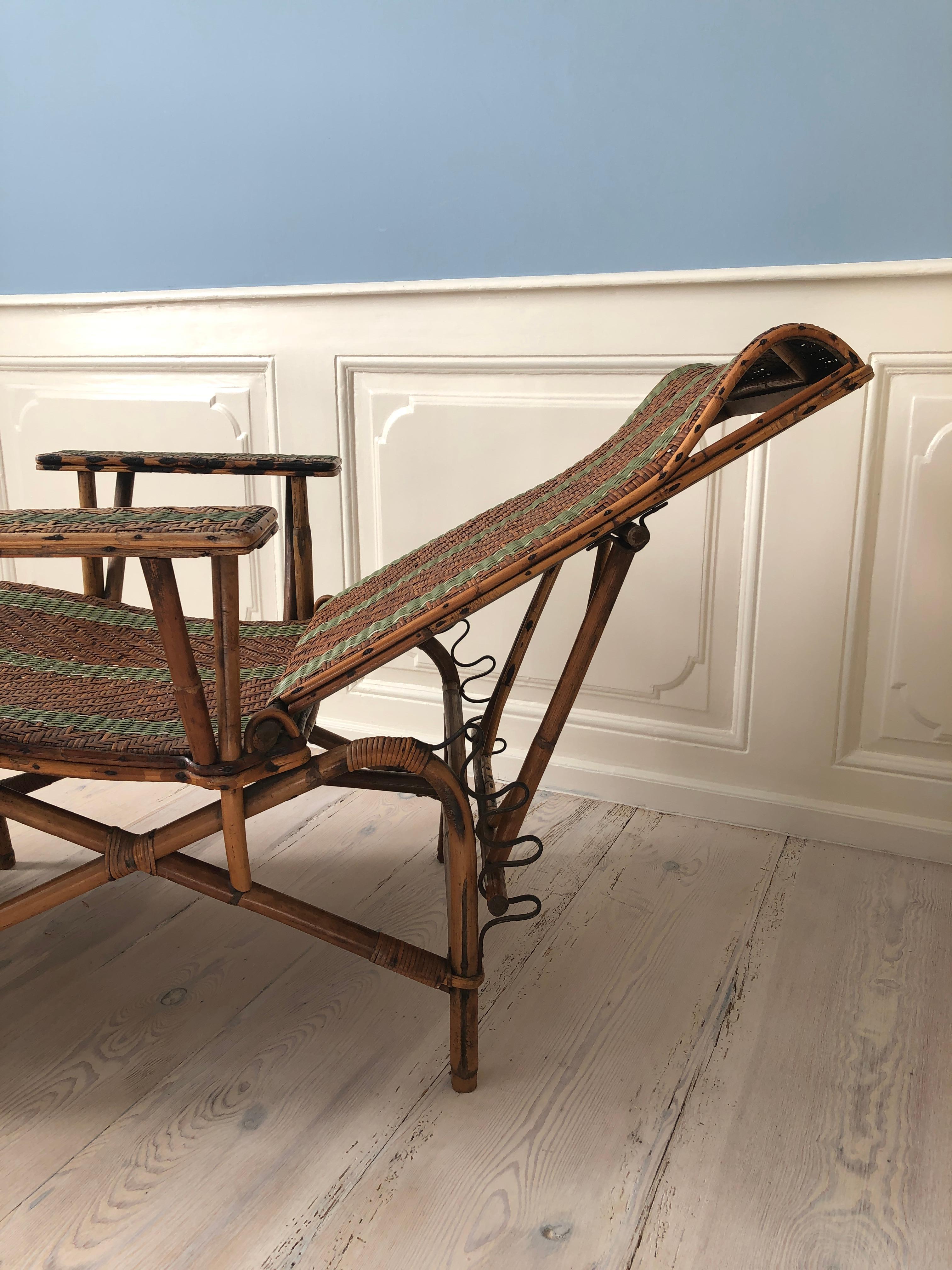 Early 20th Century Vintage Rattan Armchair and Footrest with Green Woven Details, France, 1920s