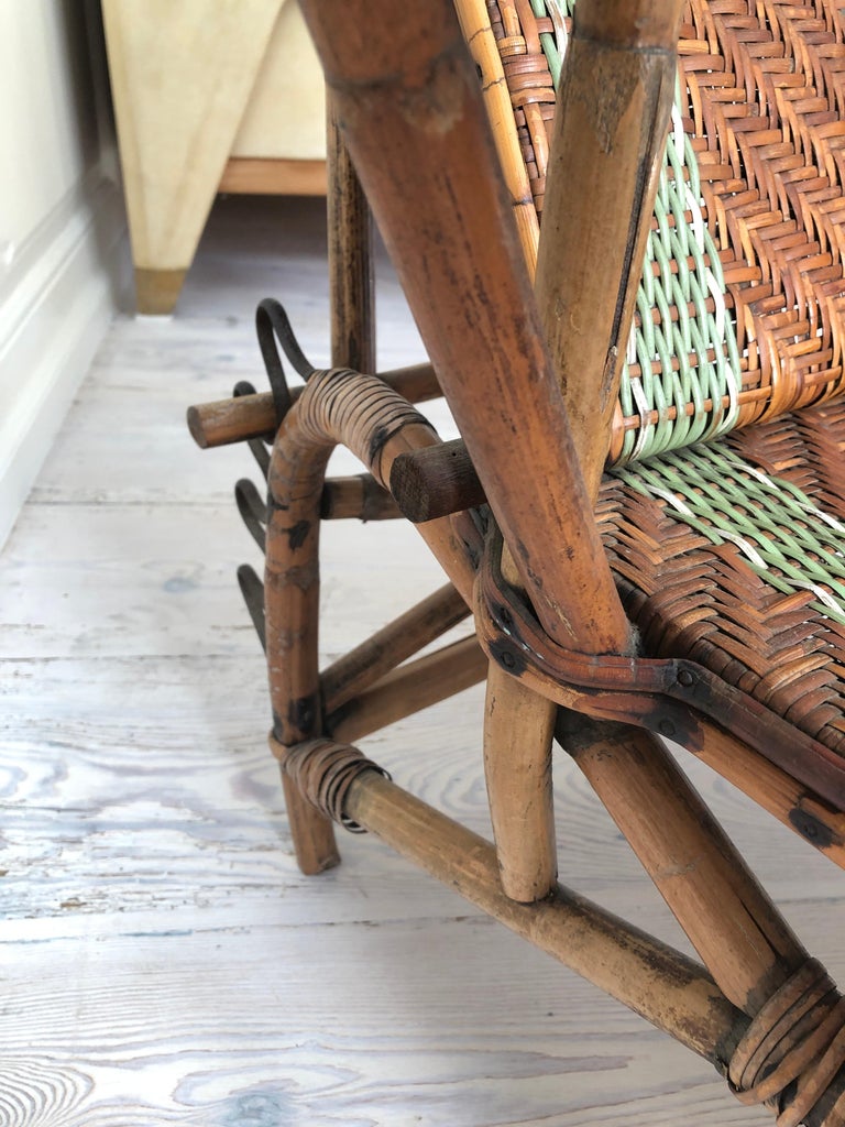 Early 20th Century Vintage Rattan Armchair and Footrest with Green Woven Details, France, 1920s For Sale