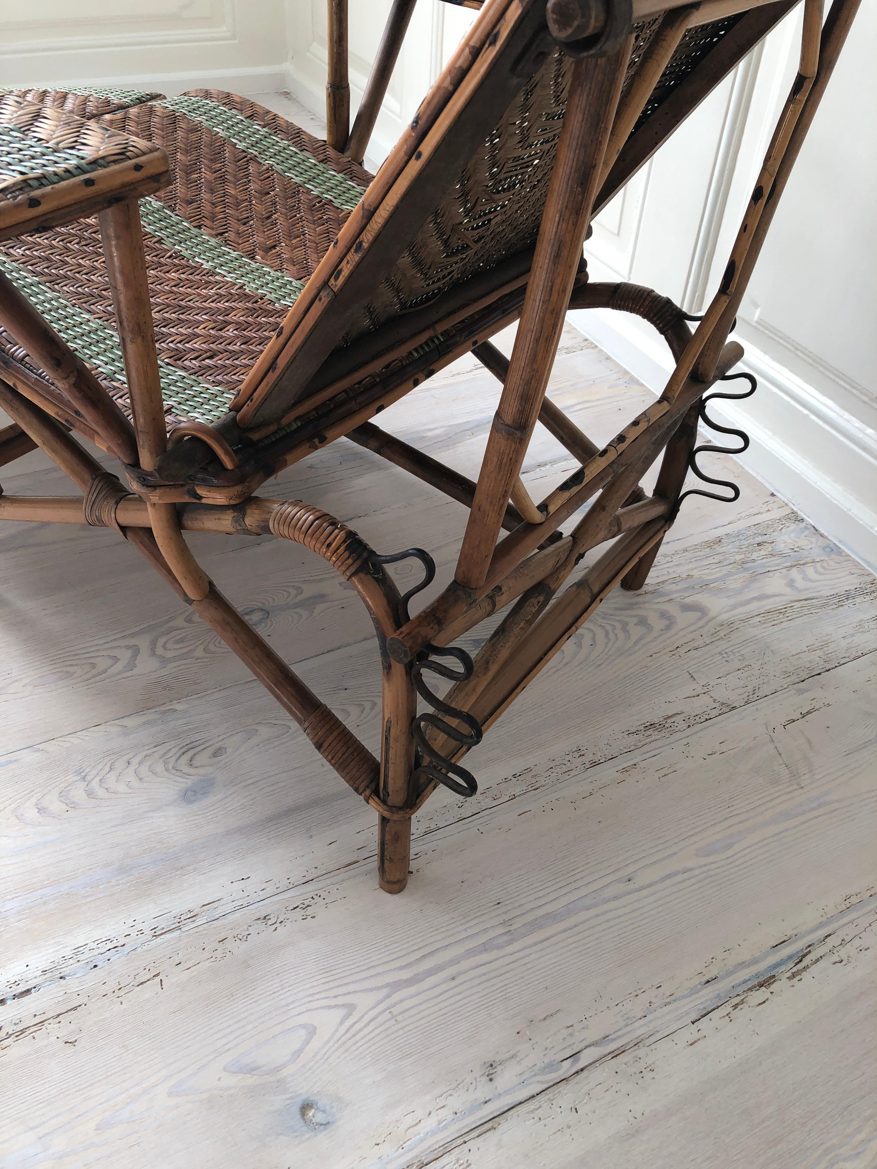 Vintage Rattan Armchair and Footrest with Green Woven Details, France, 1920s 1