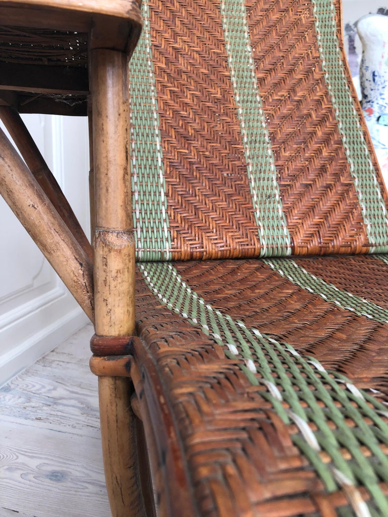 Vintage Rattan Armchair and Footrest with Green Woven Details, France, 1920s For Sale 2