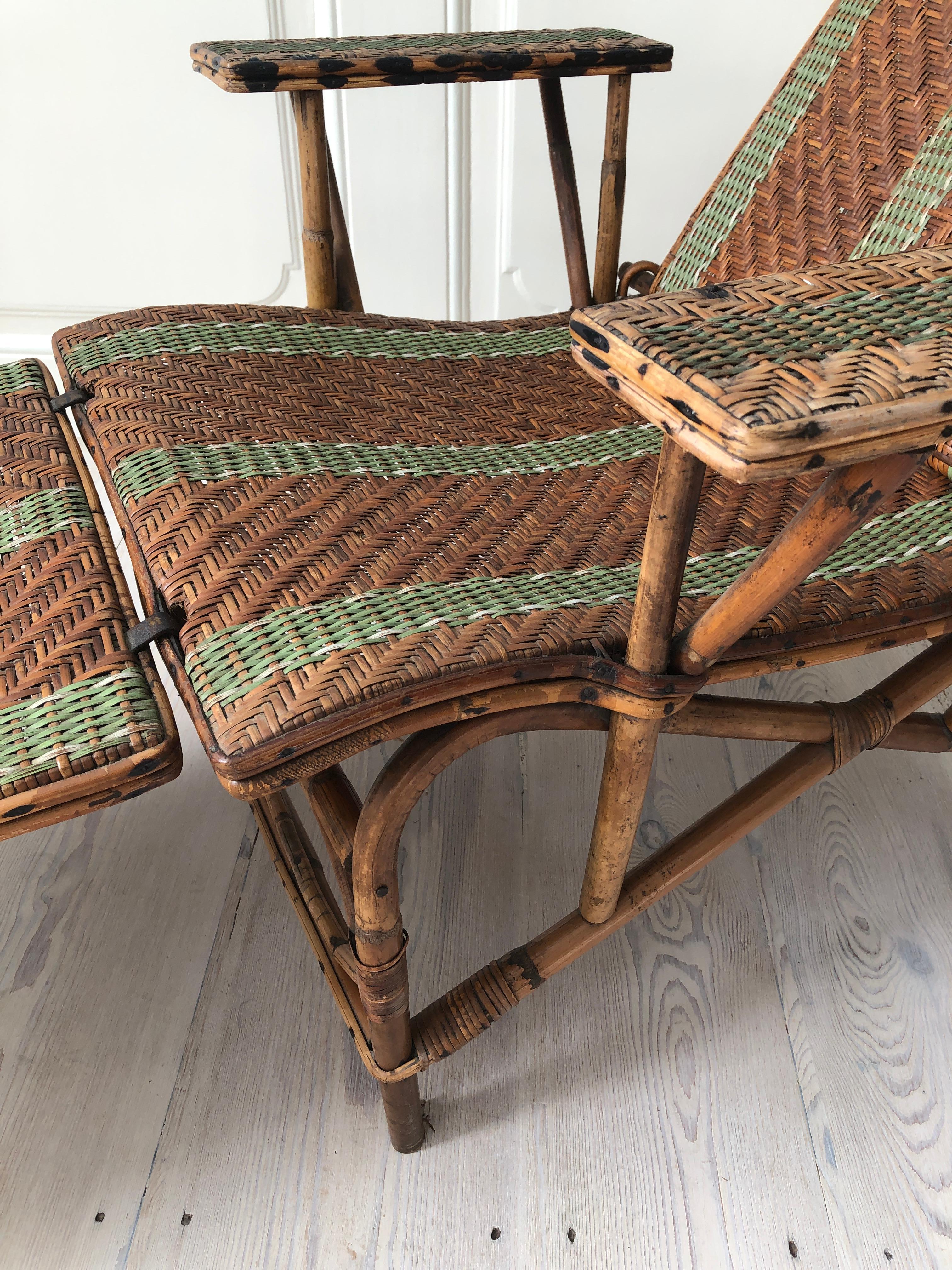 Vintage Rattan Armchair and Footrest with Green Woven Details, France, 1920s 3