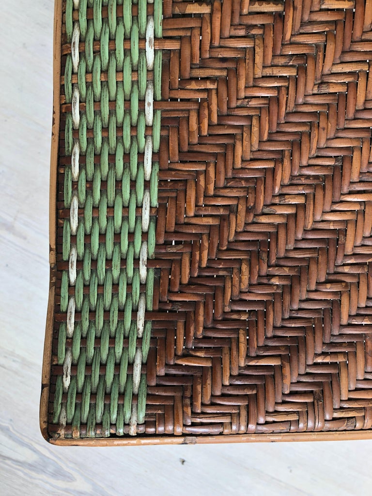 Vintage Rattan Armchair and Footrest with Green Woven Details, France, 1920s For Sale 3