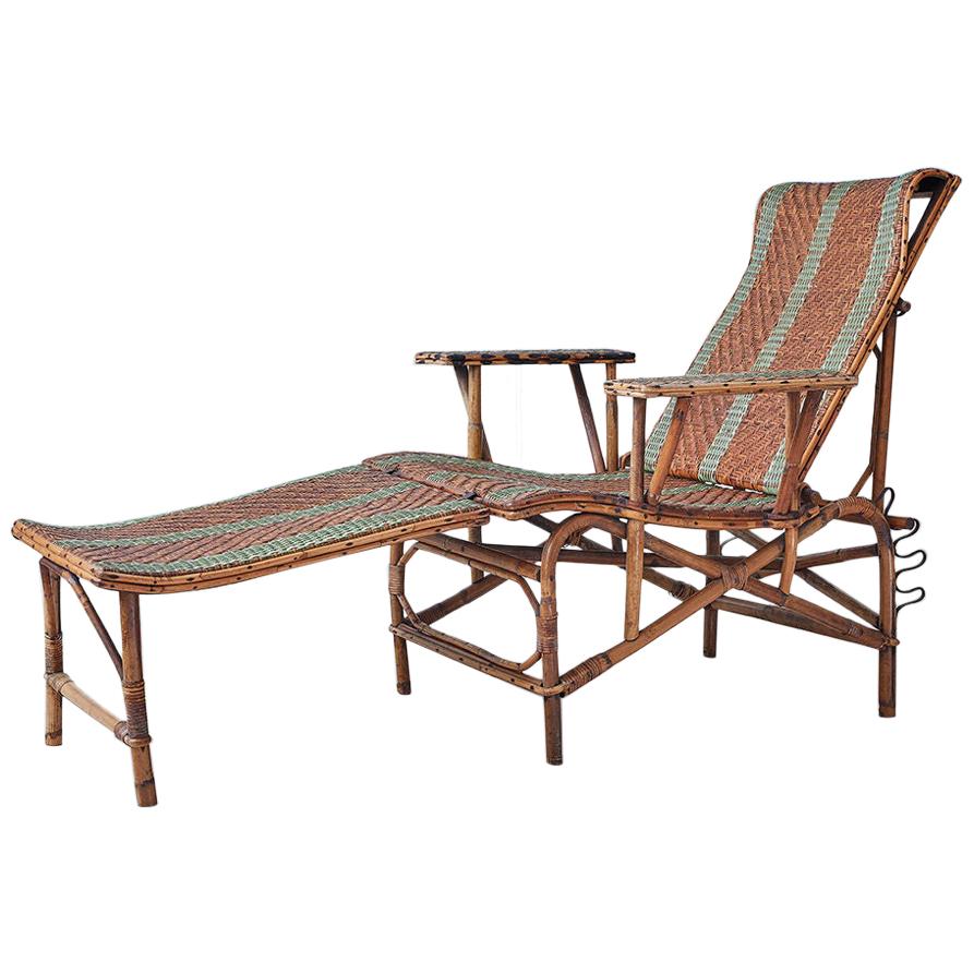 Vintage Rattan Armchair and Footrest with Green Woven Details, France, 1920s