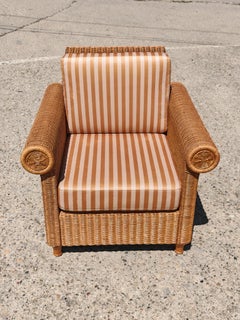 Vintage Rattan armchair upholstered in honey plush stripes, Italy 1970s