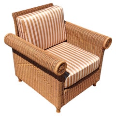 Vintage Rattan armchair upholstered in honey plush stripes, Italy 1970s