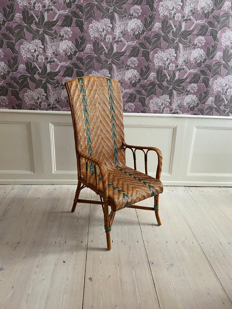 French Vintage Rattan Armchair With Blue Elegant Woven Details, France, 1930's For Sale