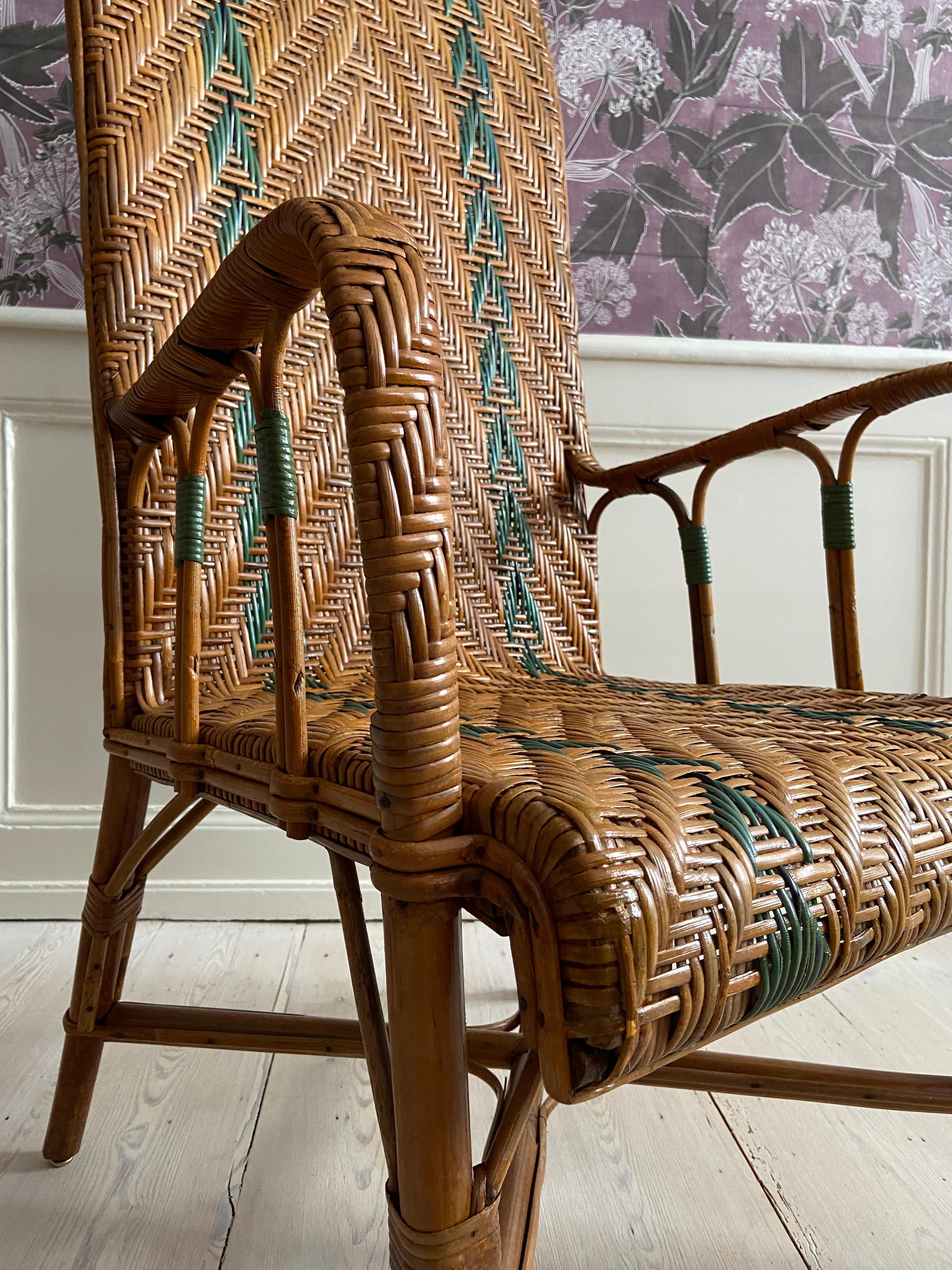 Vintage Rattan Armchair With Blue Elegant Woven Details, France, 1930's In Good Condition In Copenhagen K, DK