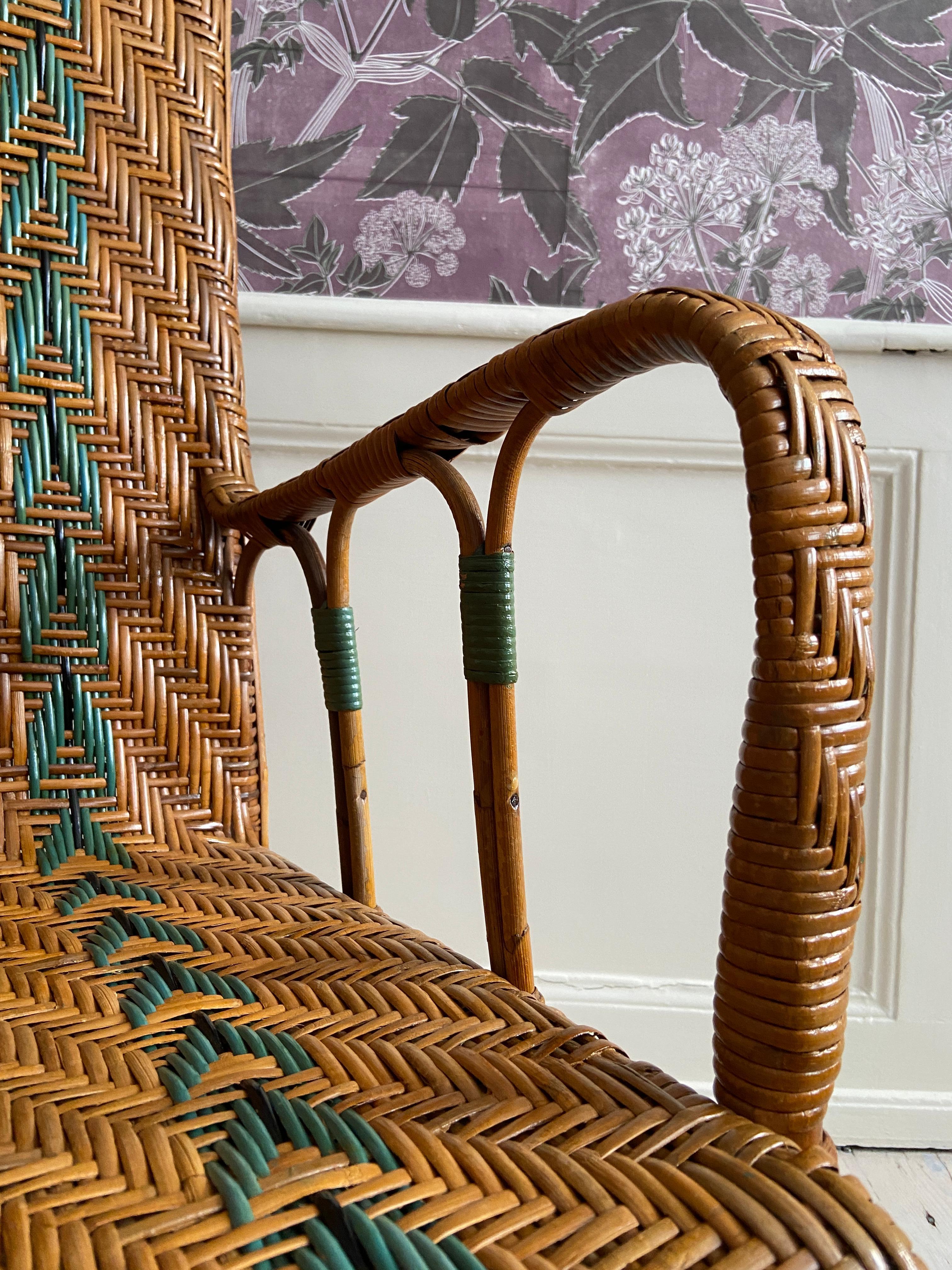 Vintage Rattan Armchair With Blue Elegant Woven Details, France, 1930's For Sale 2