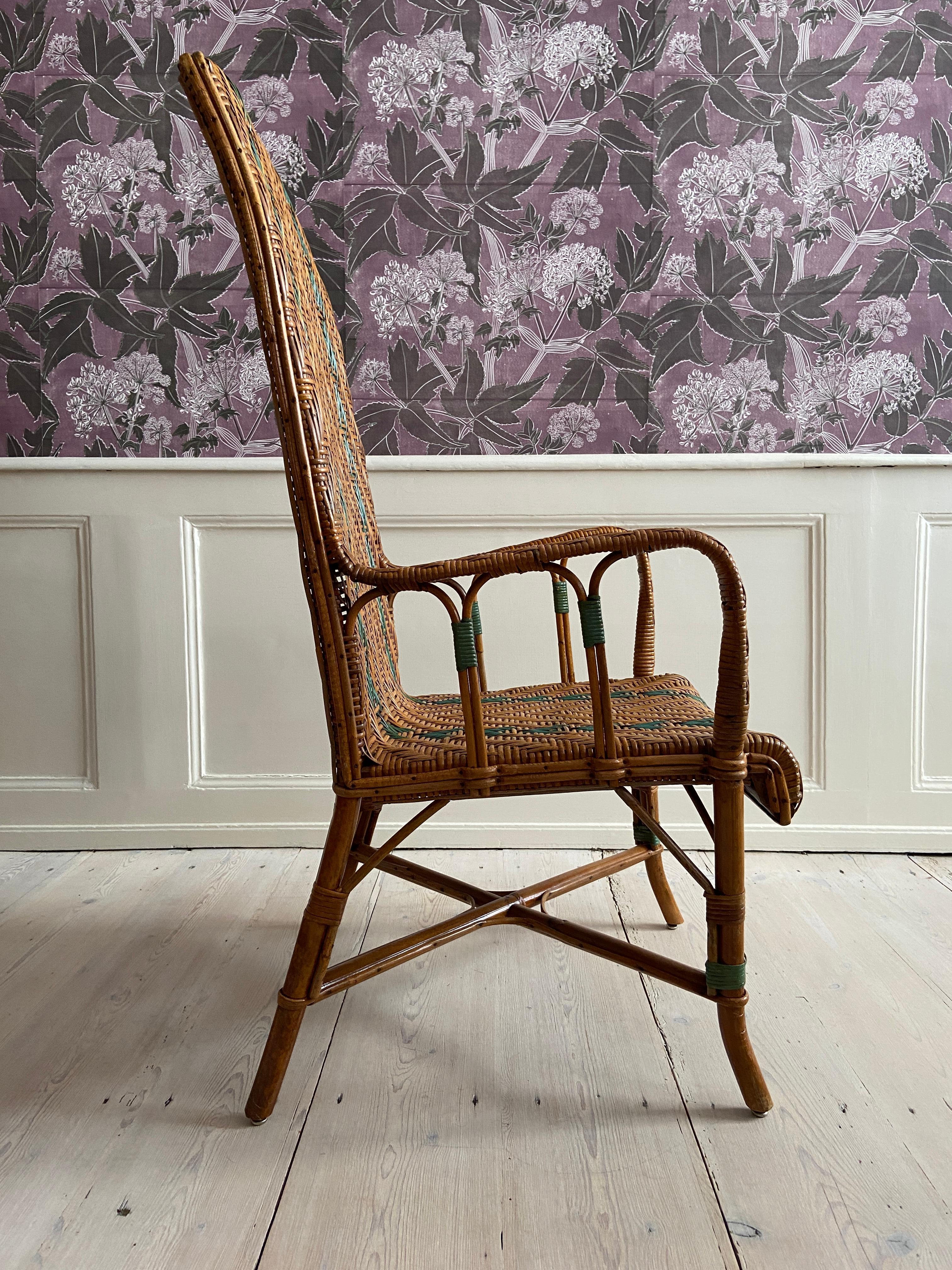 Vintage Rattan Armchair With Blue Elegant Woven Details, France, 1930's For Sale 4