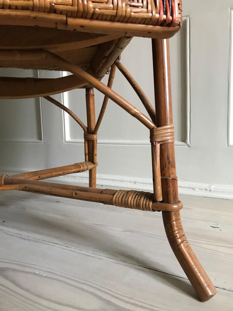 French Vintage Rattan Armchair with Orange Stripes and Woven Details, France, 1930s