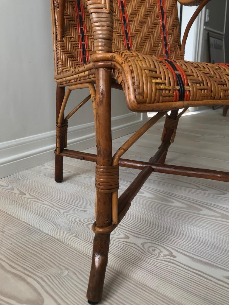 Vintage Rattan Armchair with Orange Stripes and Woven Details, France, 1930s In Good Condition In Copenhagen K, DK