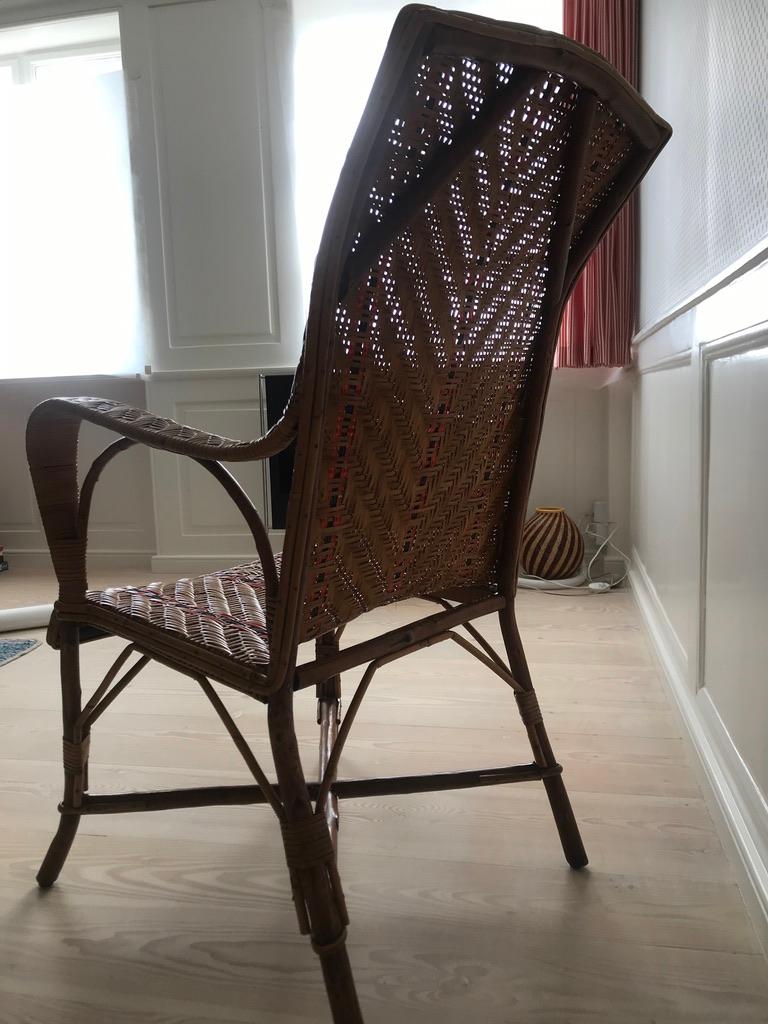 Vintage Rattan Armchair with Orange Stripes and Woven Details, France, 1930s 1