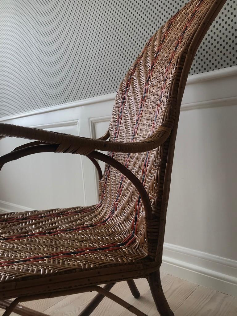 Vintage Rattan Armchair with Orange Stripes and Woven Details, France, 1930s 2