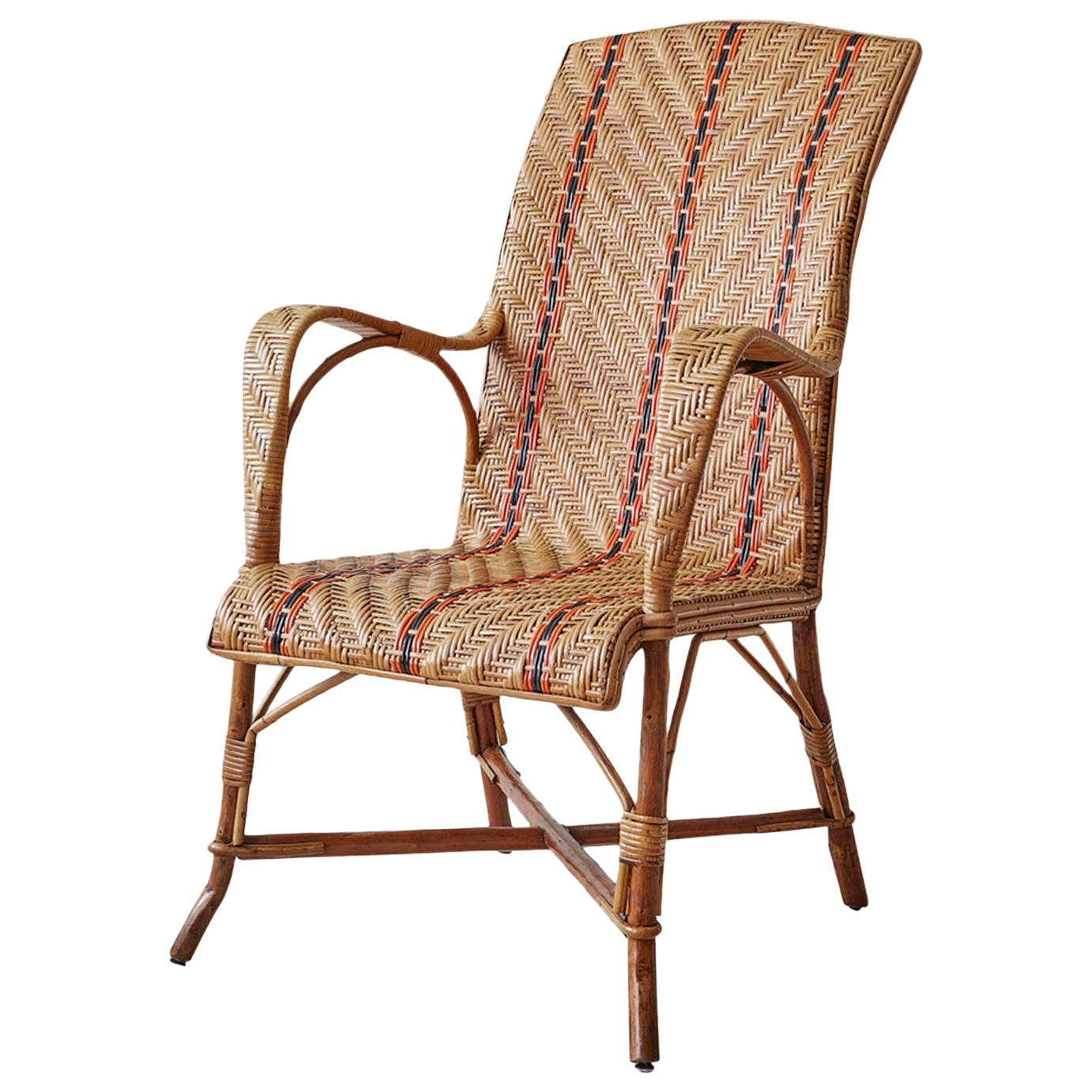 Vintage Rattan Armchair with Orange Stripes and Woven Details, France, 1930s