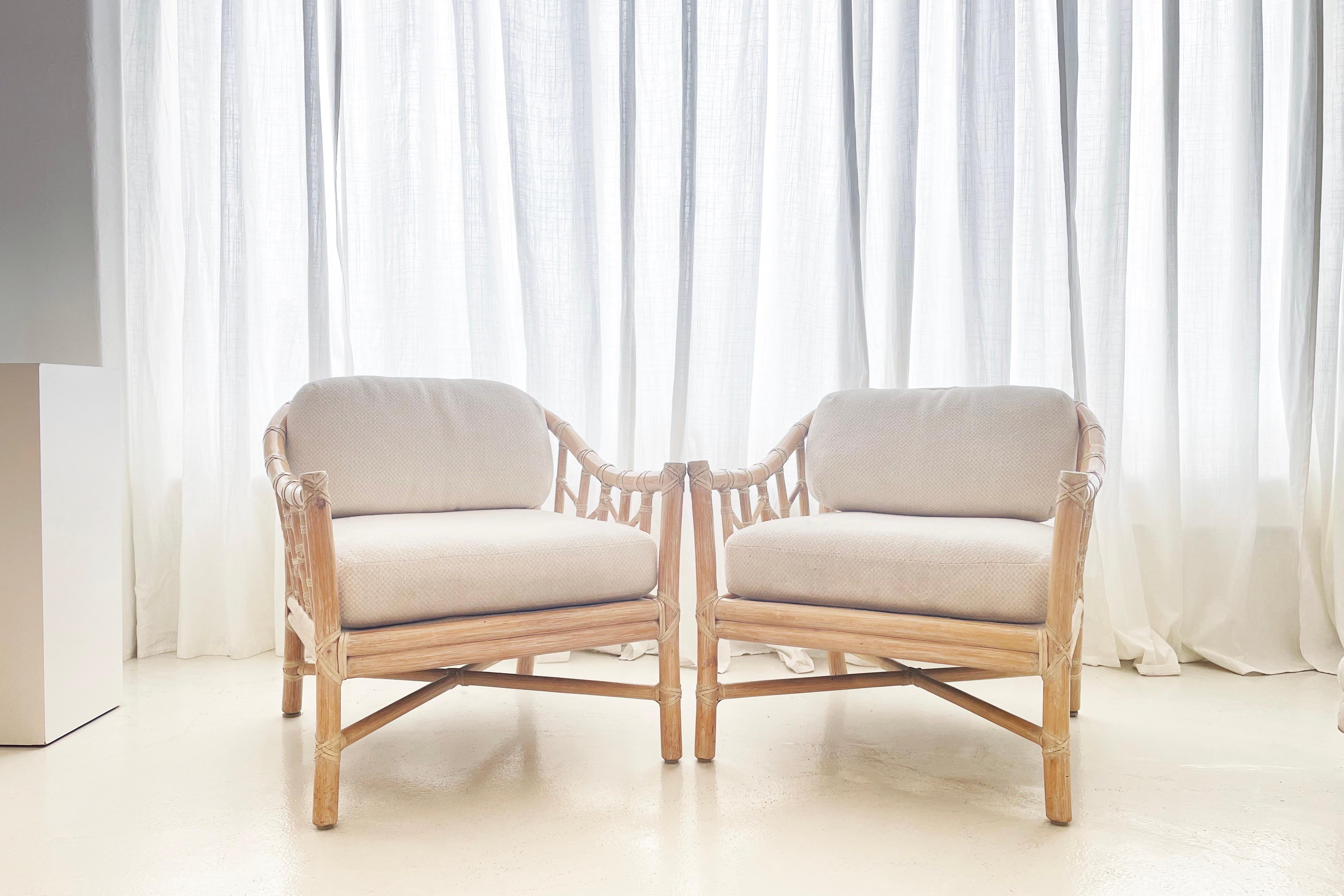 Founded in 1948, the McGuire Furniture Company is an American manufacturer of top quality furnishings crafted from natural materials.

This set is an original pair of midcentury armchairs with original placards by McGuire.

Constructed from solid