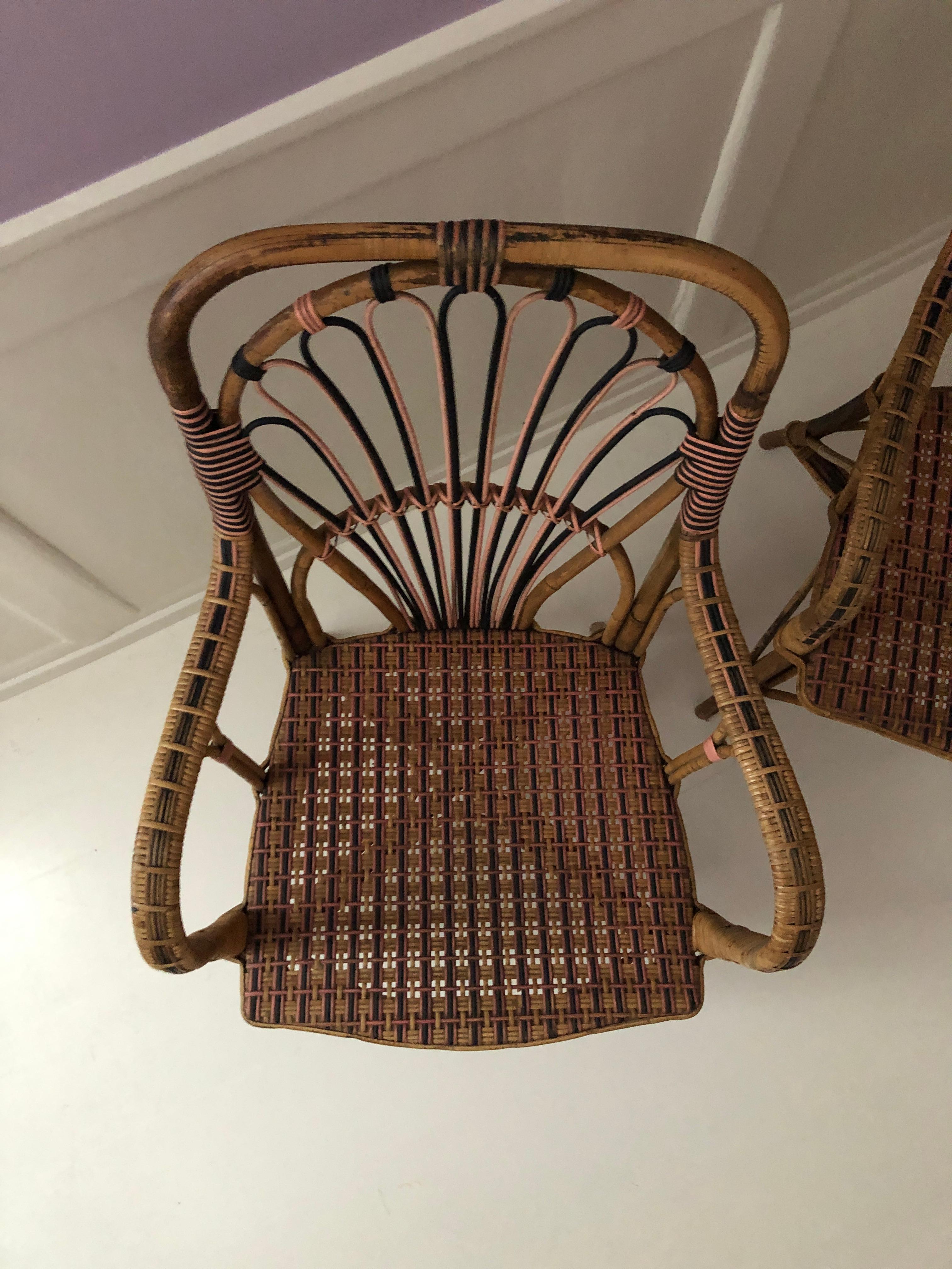 Hand-Woven Vintage Rattan Armchairs with Elegant Pink Woven Details, France, 1920s