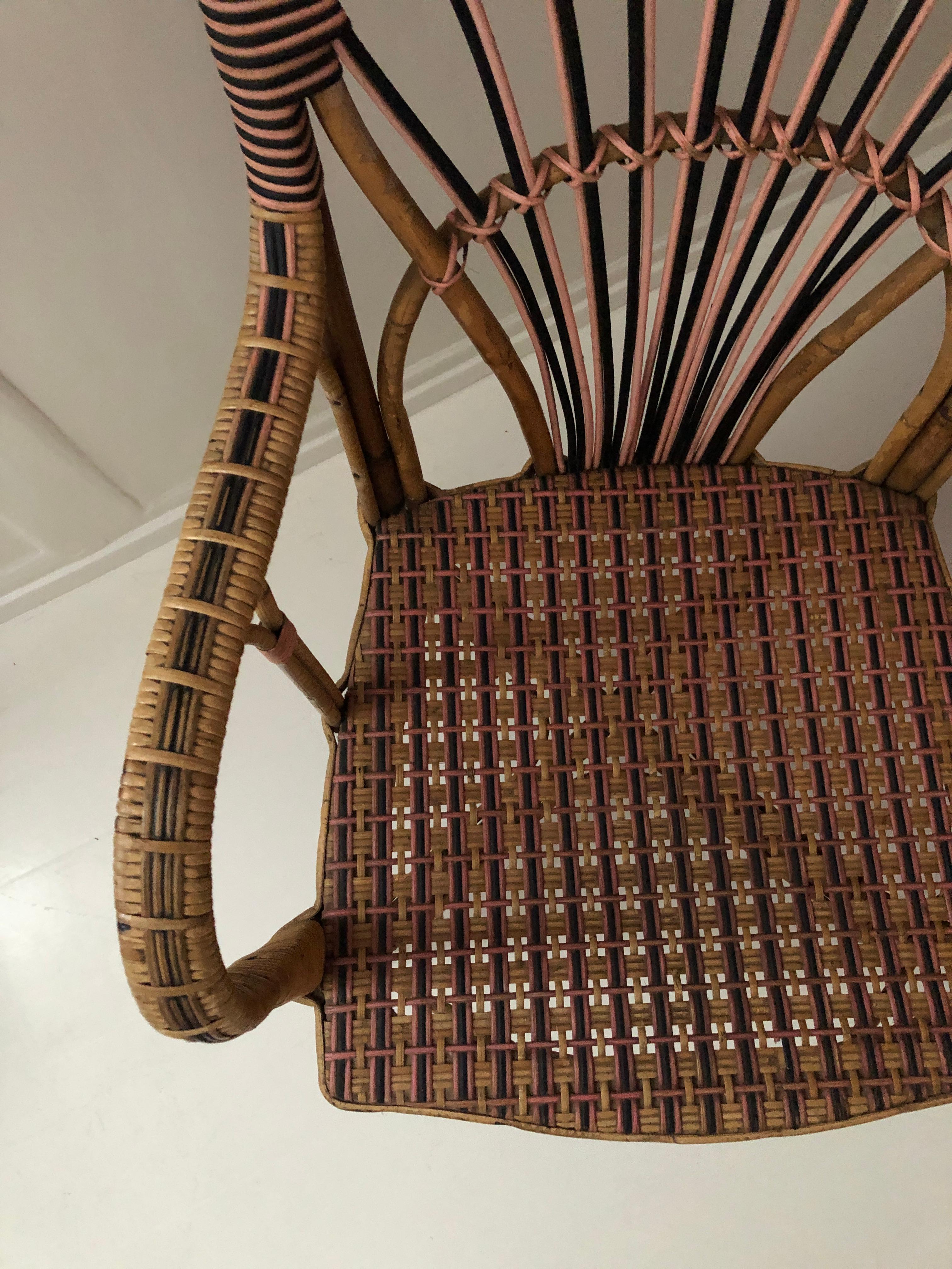 Vintage Rattan Armchairs with Elegant Pink Woven Details, France, 1920s In Good Condition In Copenhagen K, DK