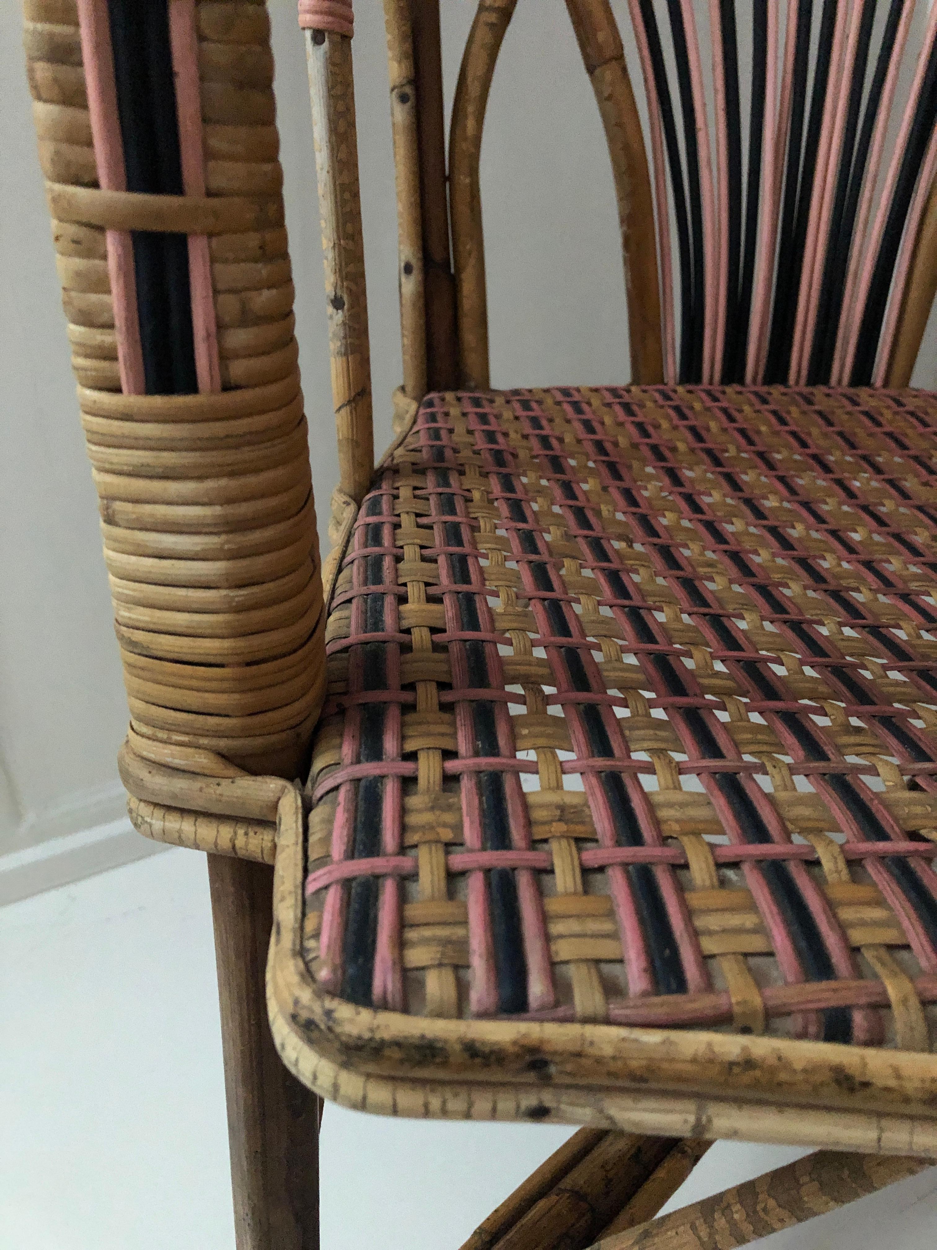 Early 20th Century Vintage Rattan Armchairs with Elegant Pink Woven Details, France, 1920s