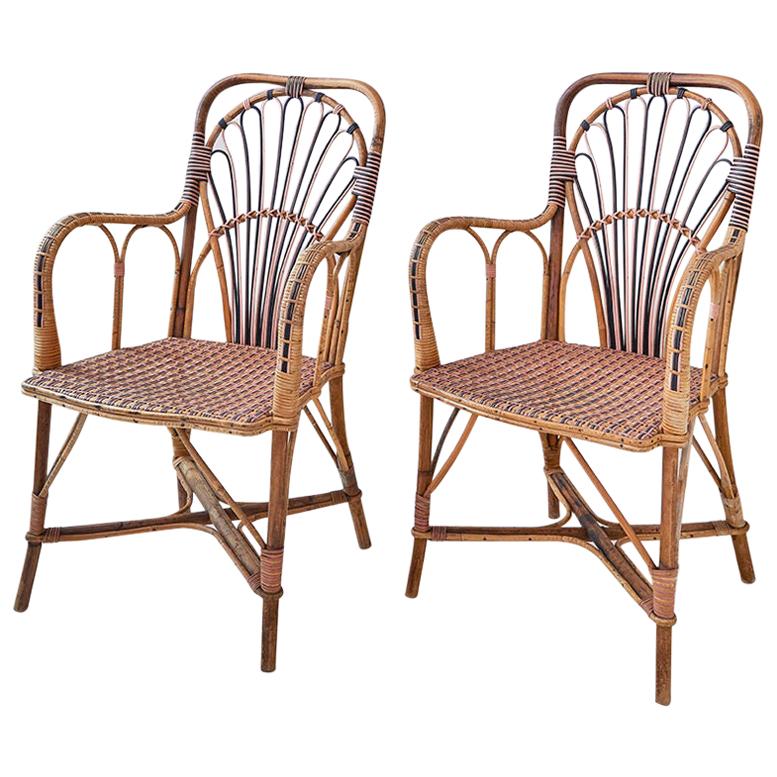 Vintage Rattan Armchairs with Elegant Pink Woven Details, France, 1920s