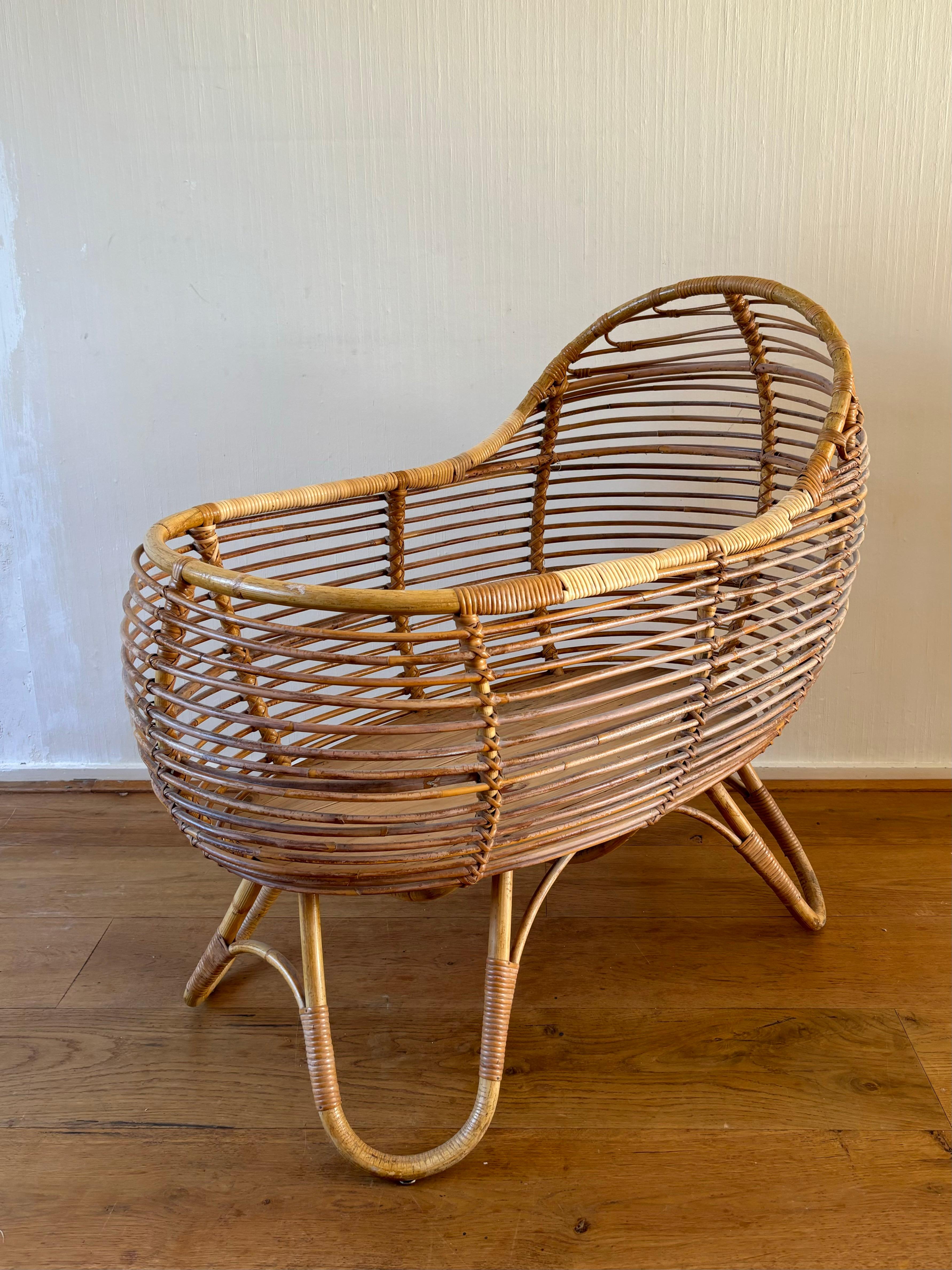 Bohemian Vintage Rattan Baby Crib, Ca. 1960s For Sale