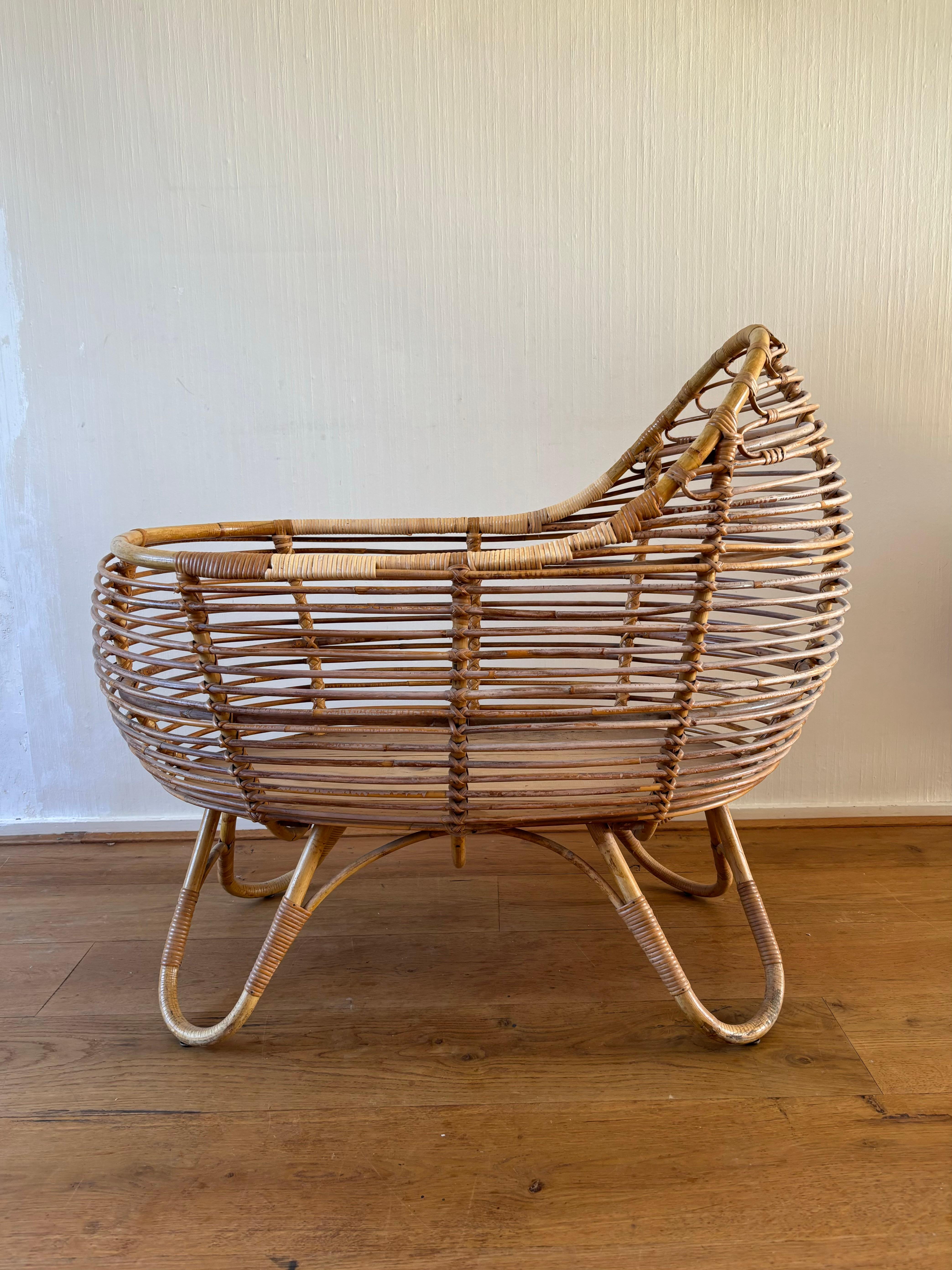 Dutch Vintage Rattan Baby Crib, Ca. 1960s For Sale