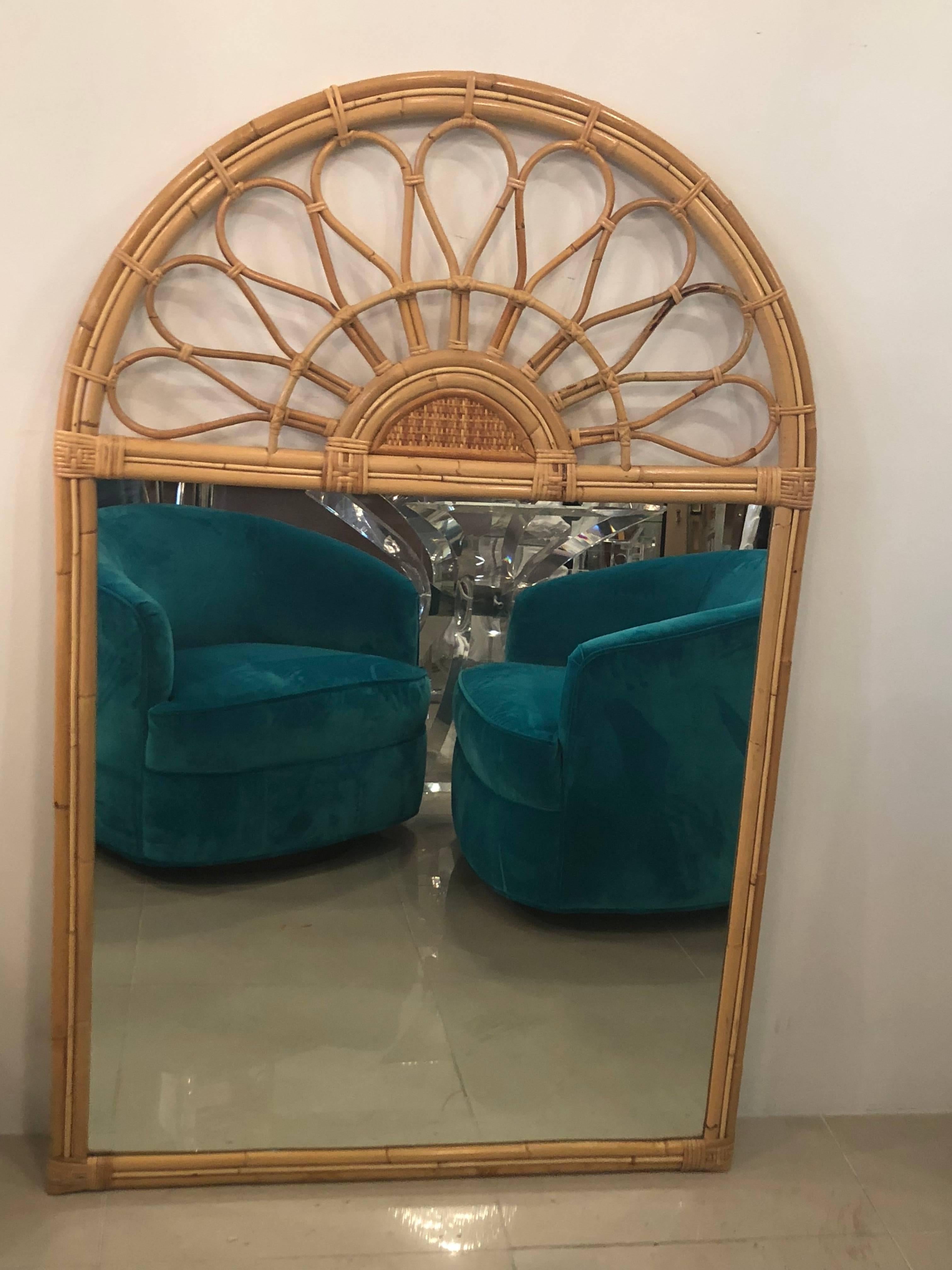 Vintage tropical bamboo rattan arched wall mirror. Ready to hang on your wall. Original natural finish with no flaws.
 