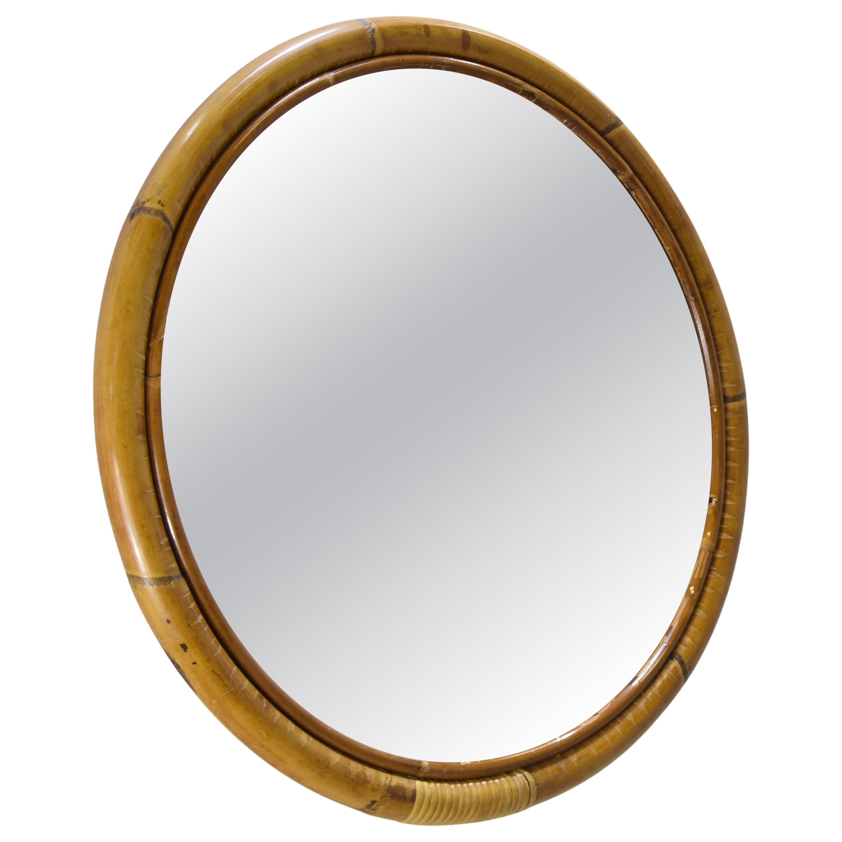 Vintage Rattan & Bamboo Circle Mirror 70s