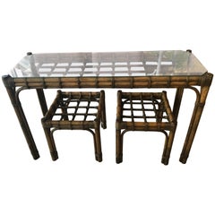 Vintage Rattan Bamboo Console Table, Pair of Benches, Ottomans, Side End Tables
