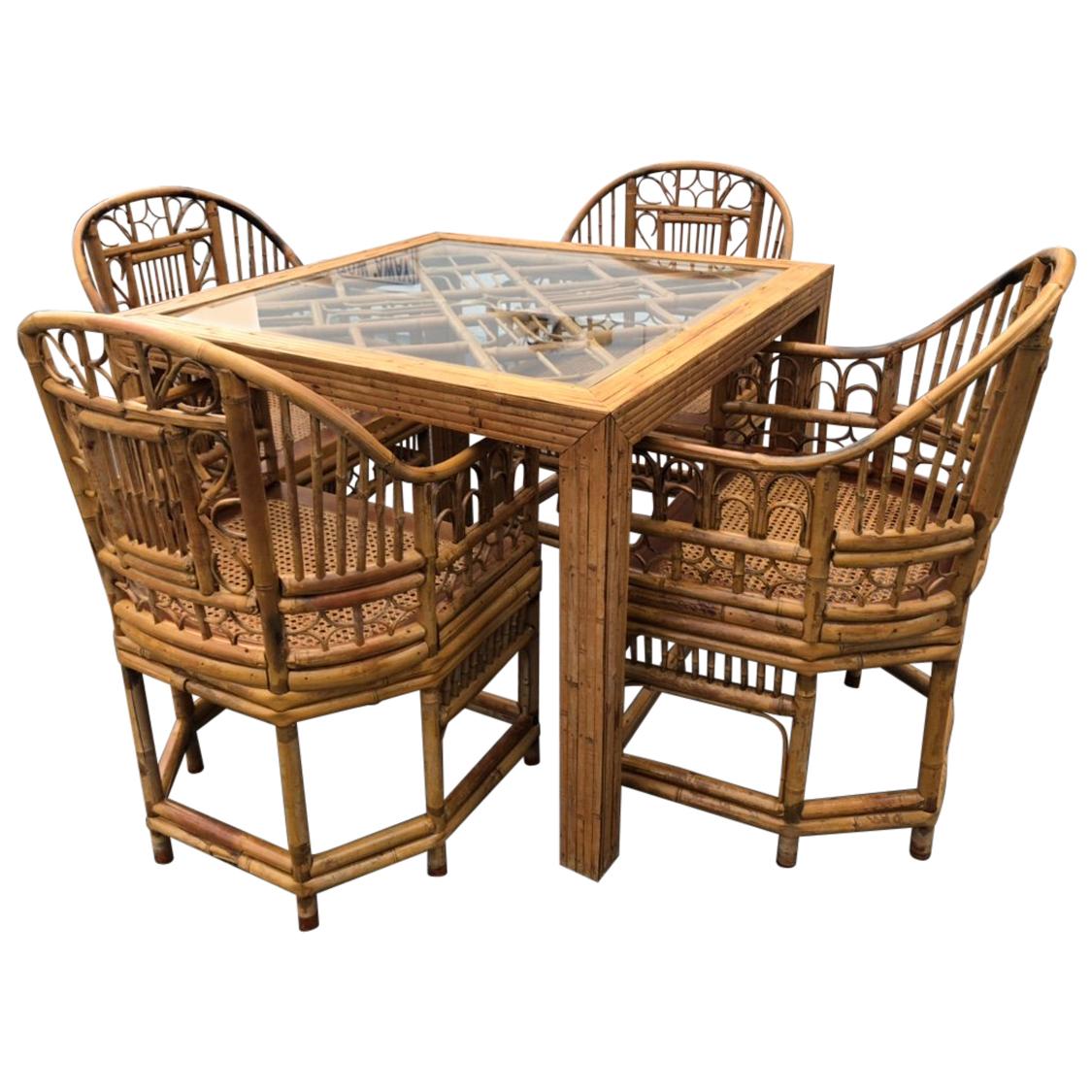 Vintage Rattan Bamboo Game Dining Table and Four Chairs Brighton Style
