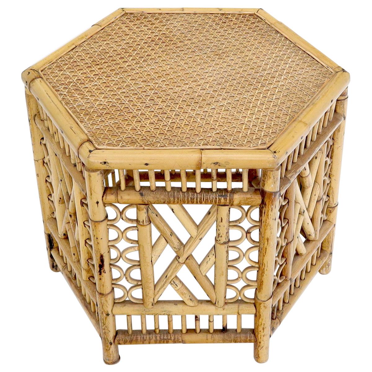 Vintage Rattan & Bamboo Hexagon Shape End Side Stand Table