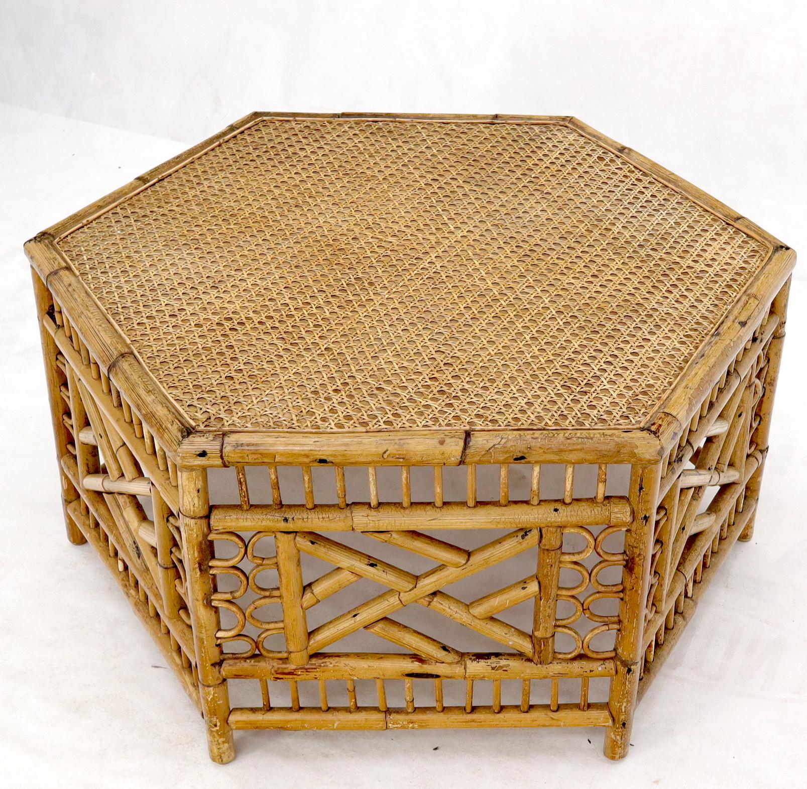 Vintage hexagon bamboo and rattan coffee or large side table stand.
