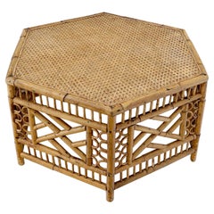 Vintage Rattan & Bamboo Hexagon Shape Large End Side Stand Coffee Table