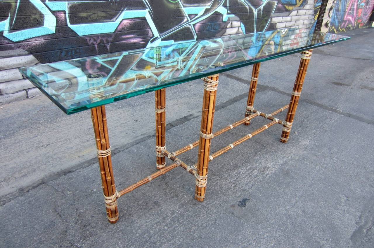 Mid-Century Modern Organic Modern Rattan Bamboo, Iron and Leather Console Table by McGuire