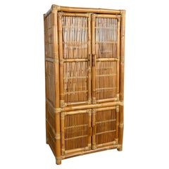 Vintage Rattan & Bamboo Organic Modern Upright Armoire Wardrobe Cabinet