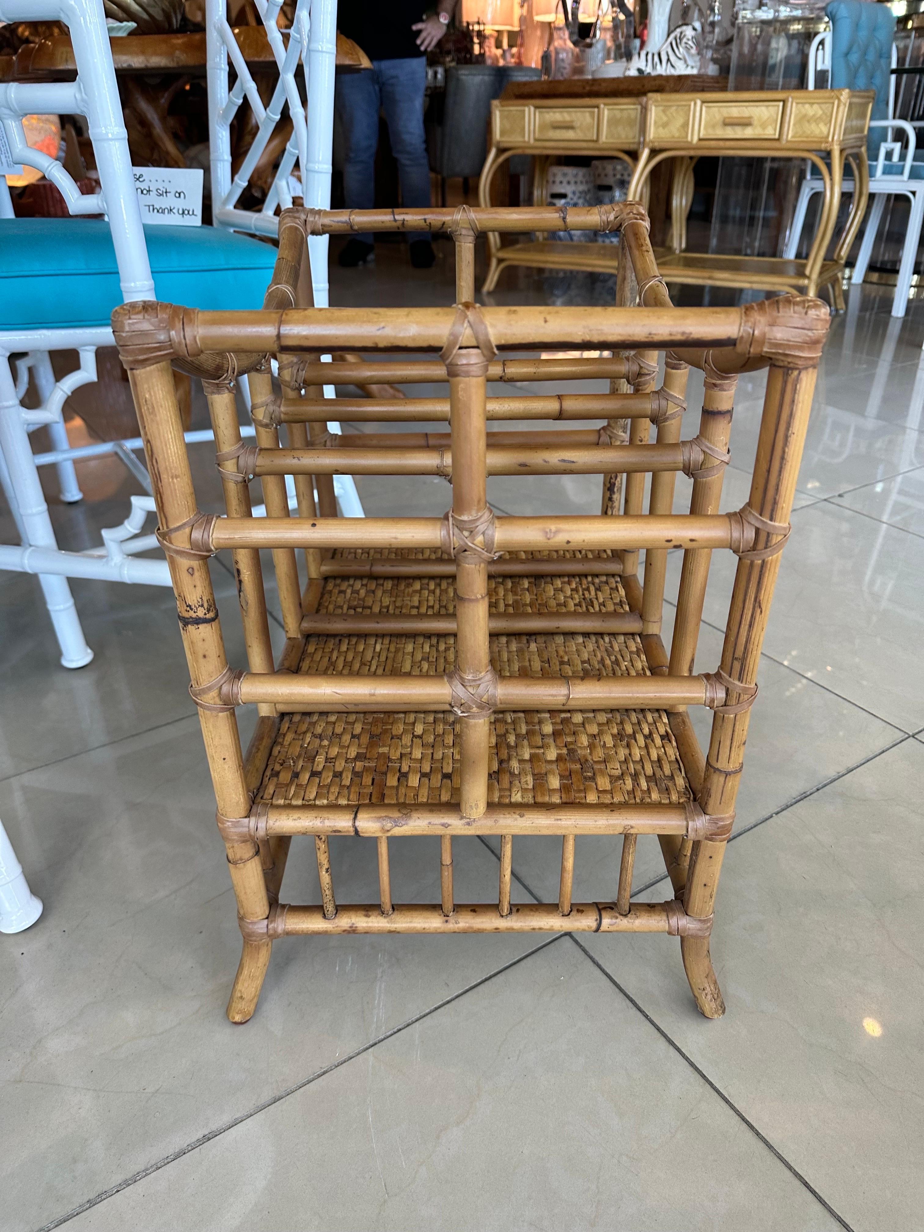 American Vintage Rattan Bamboo Oversized Magazine Rack Holder Stand For Sale