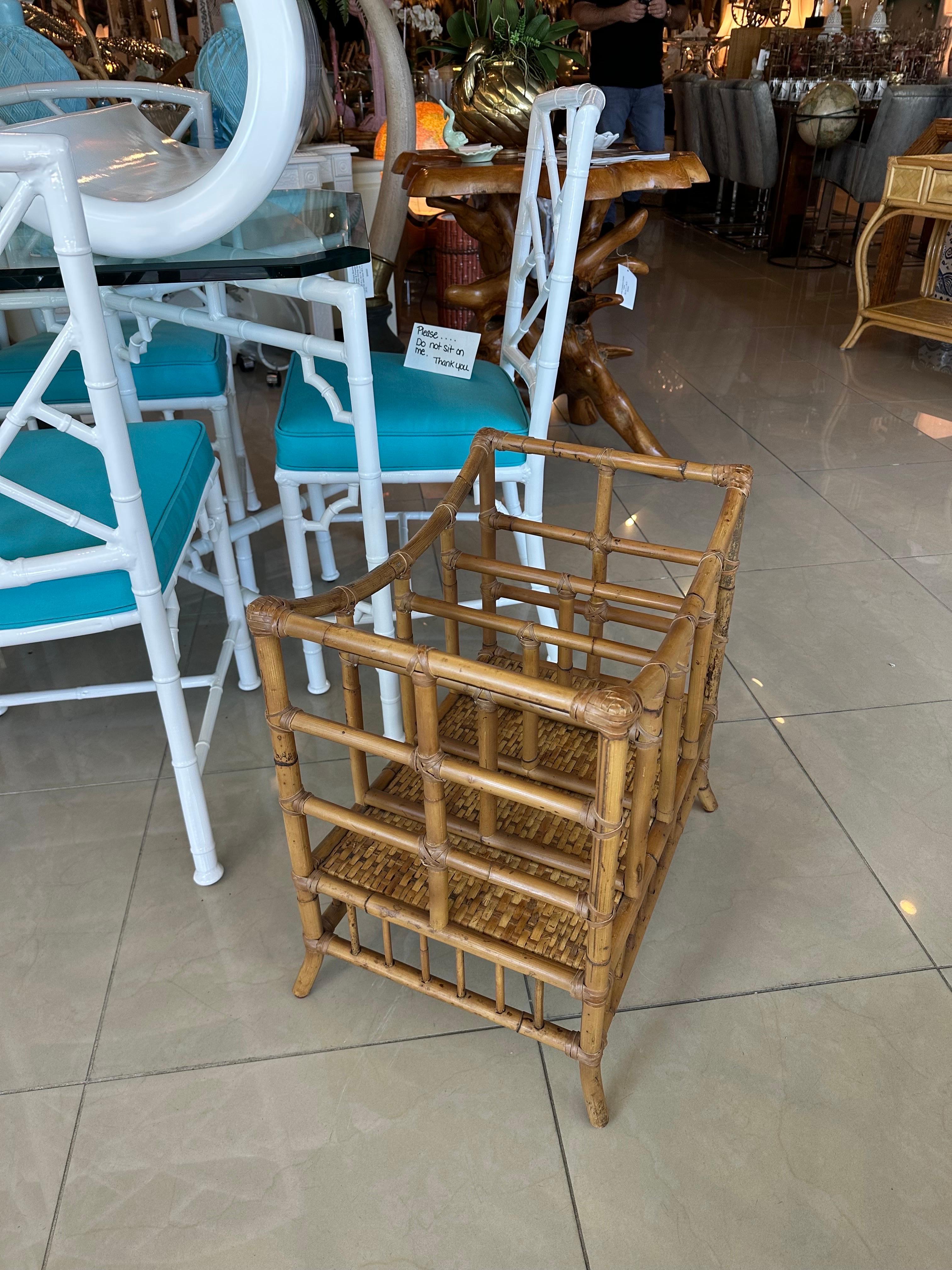 Late 20th Century Vintage Rattan Bamboo Oversized Magazine Rack Holder Stand For Sale
