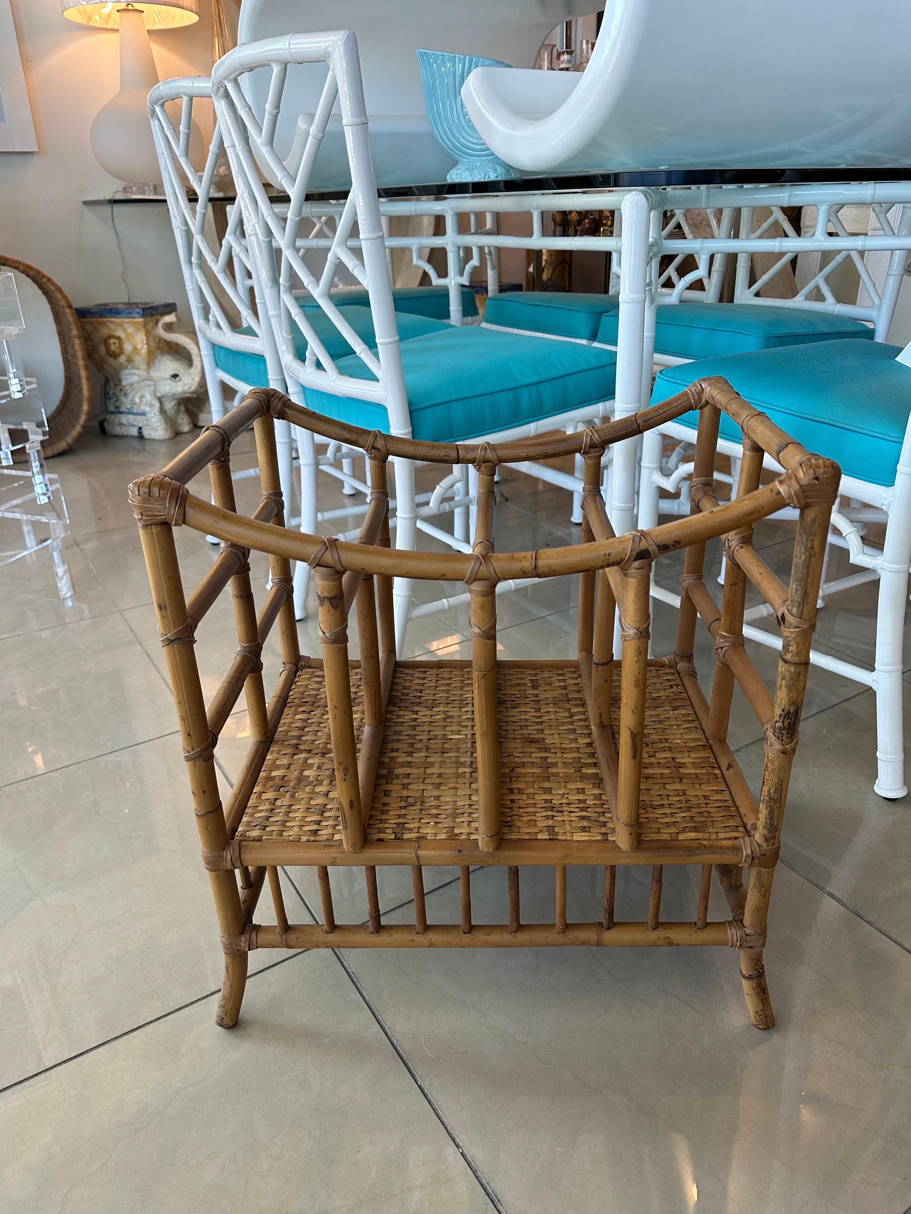 Vintage Rattan Bamboo Oversized Magazine Rack Holder Stand For Sale 2