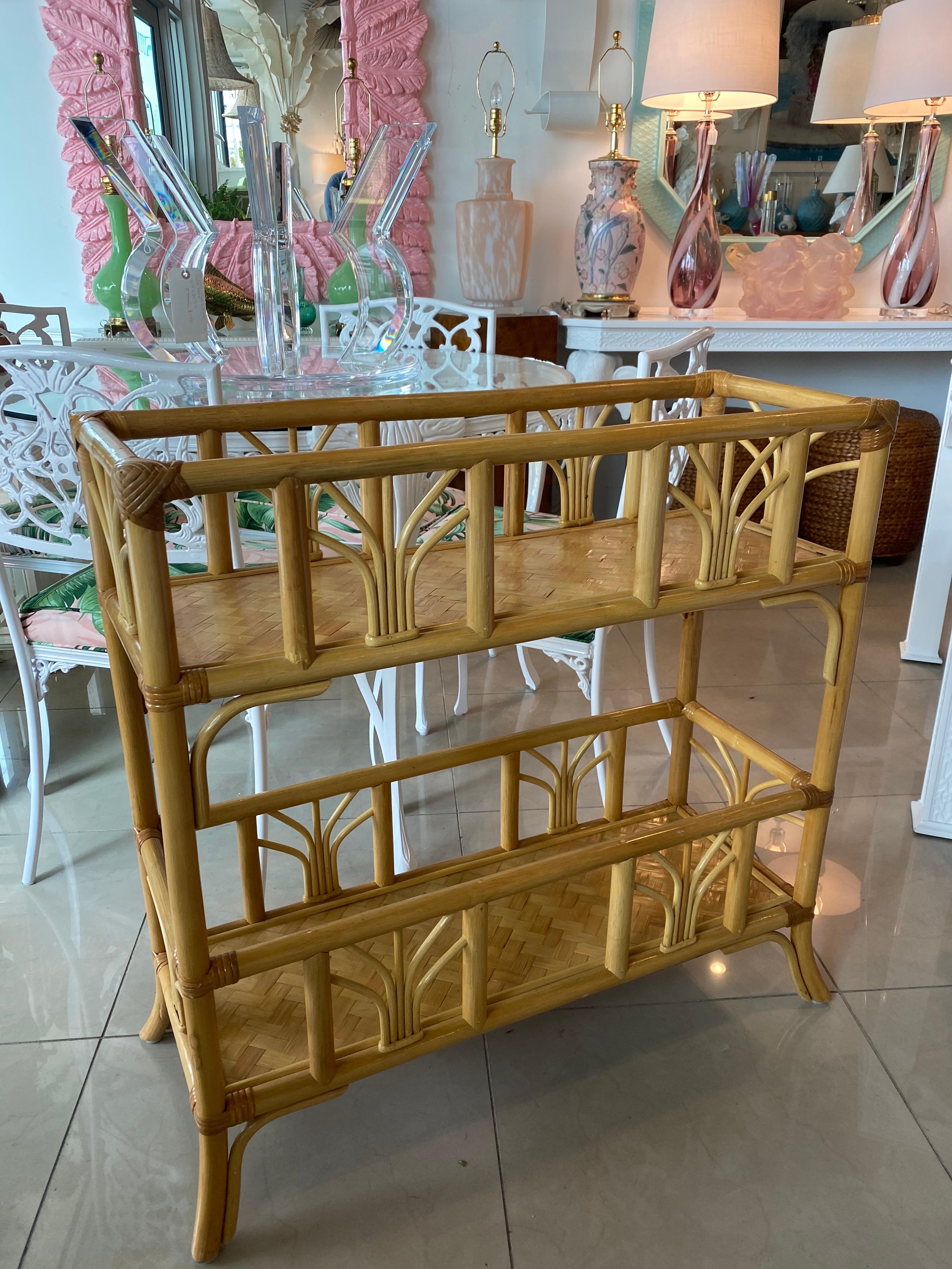 Hollywood Regency Vintage Rattan Bamboo Plant Stand Shelf Console Table