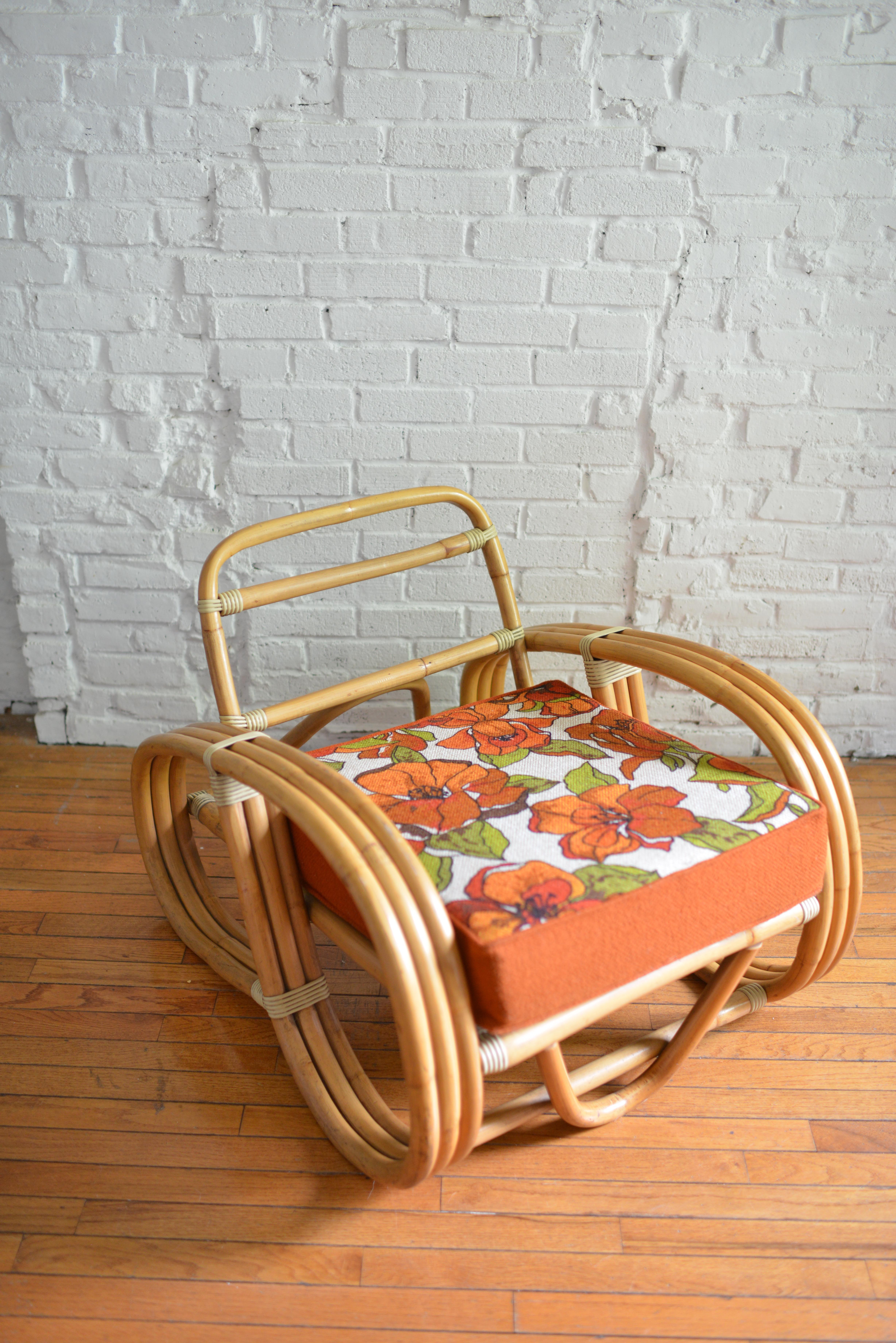 20th Century Paul Frankl-Style Rattan Bamboo Pretzel Lounge Chair For Sale