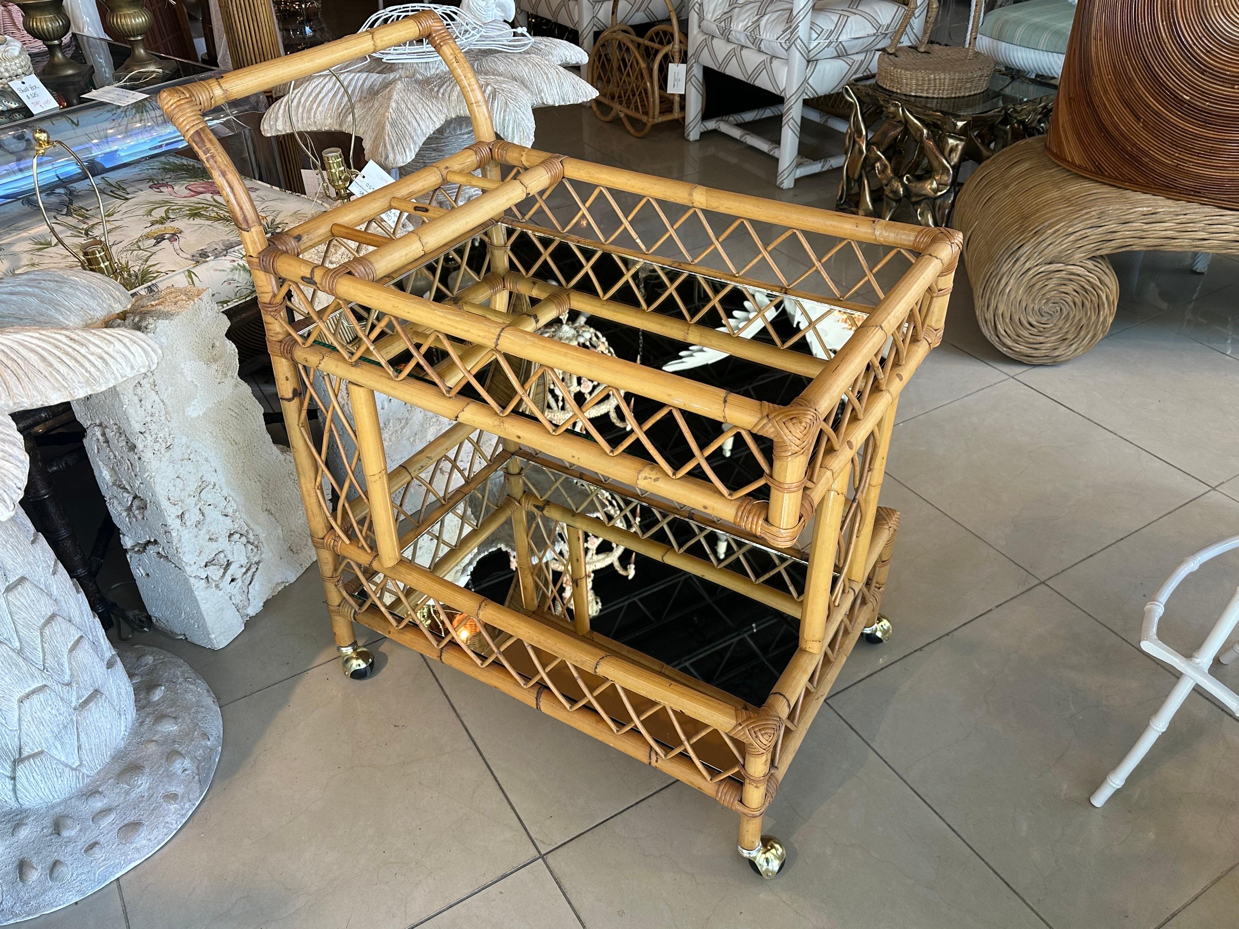 Vintage Rattan Bamboo Serving Bar Cart Two Tier Italian Mirror & Brass Castors 5