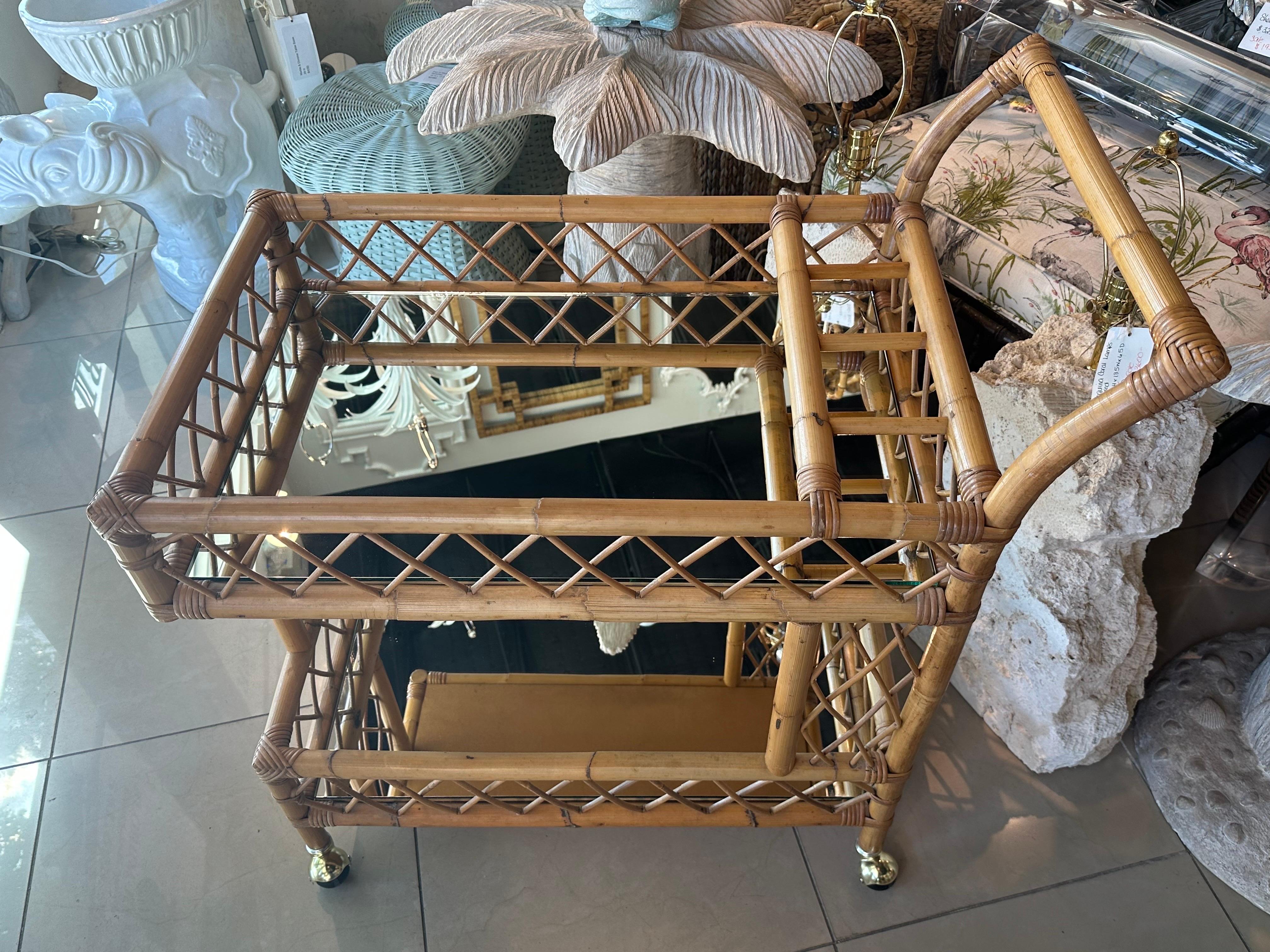 Vintage Rattan Bamboo Serving Bar Cart Two Tier Italian Mirror & Brass Castors 6