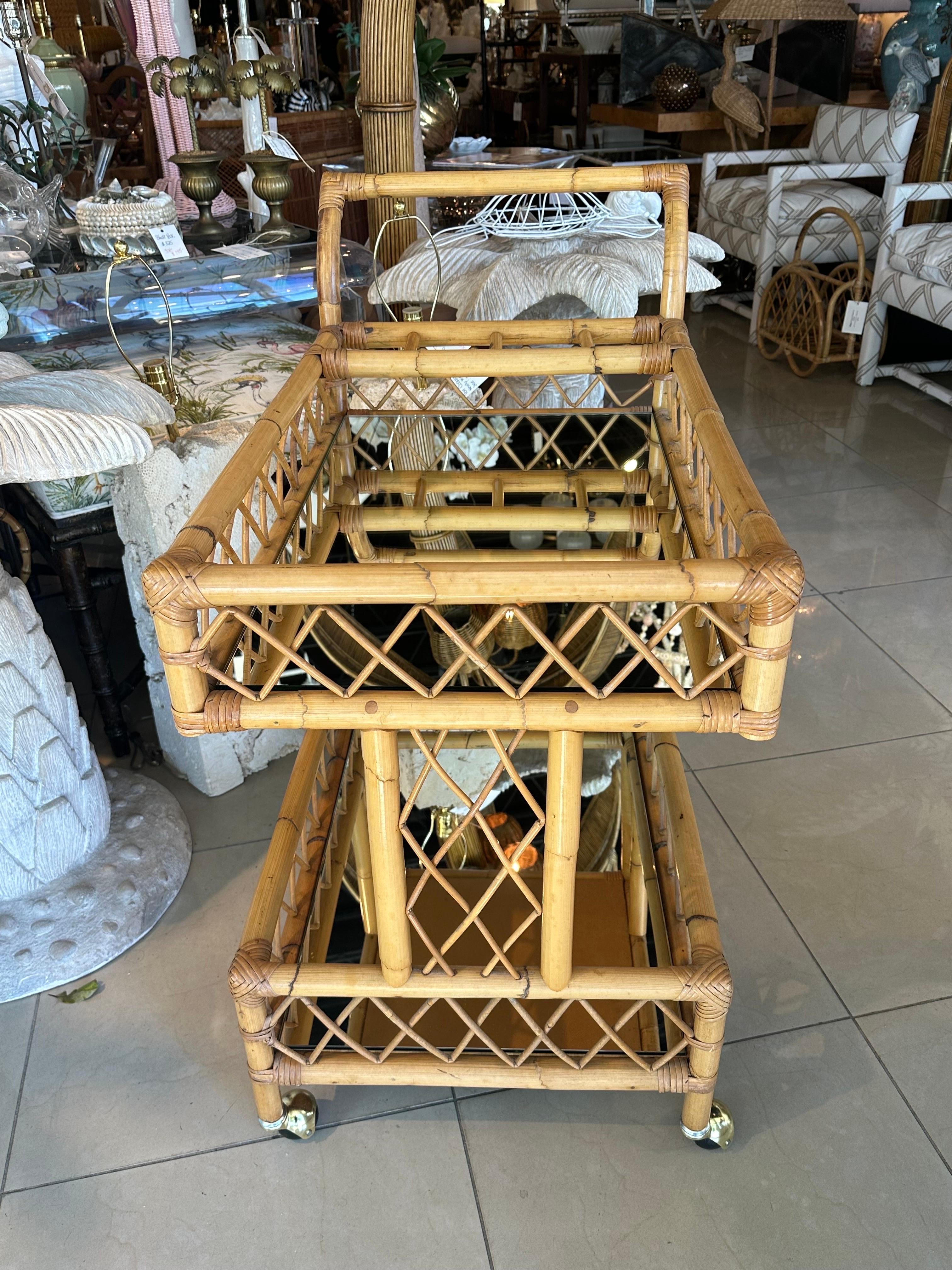 Vintage Rattan Bamboo Serving Bar Cart Two Tier Italian Mirror & Brass Castors 7