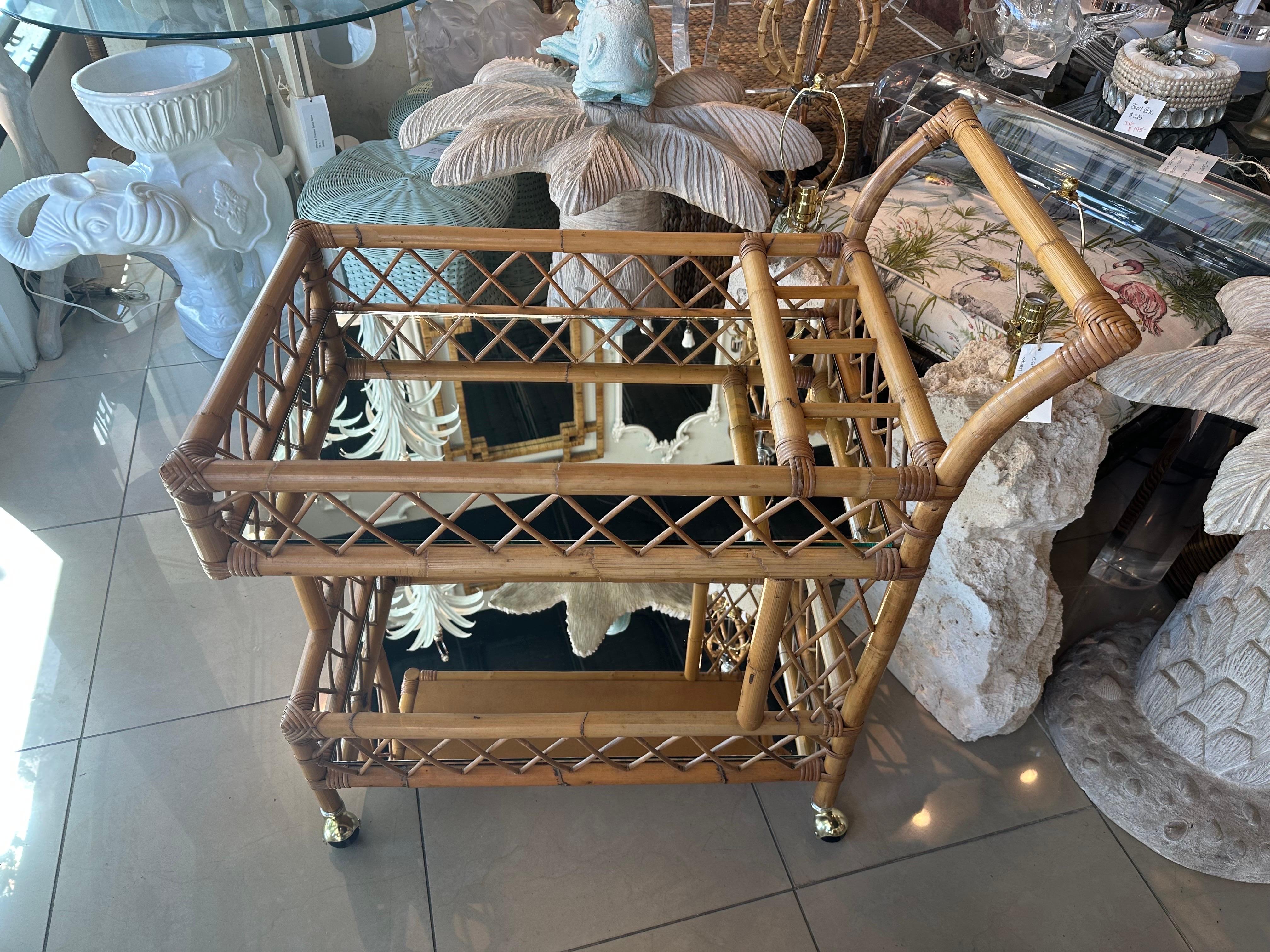 Vintage Rattan Bamboo Serving Bar Cart Two Tier Italian Mirror & Brass Castors 9