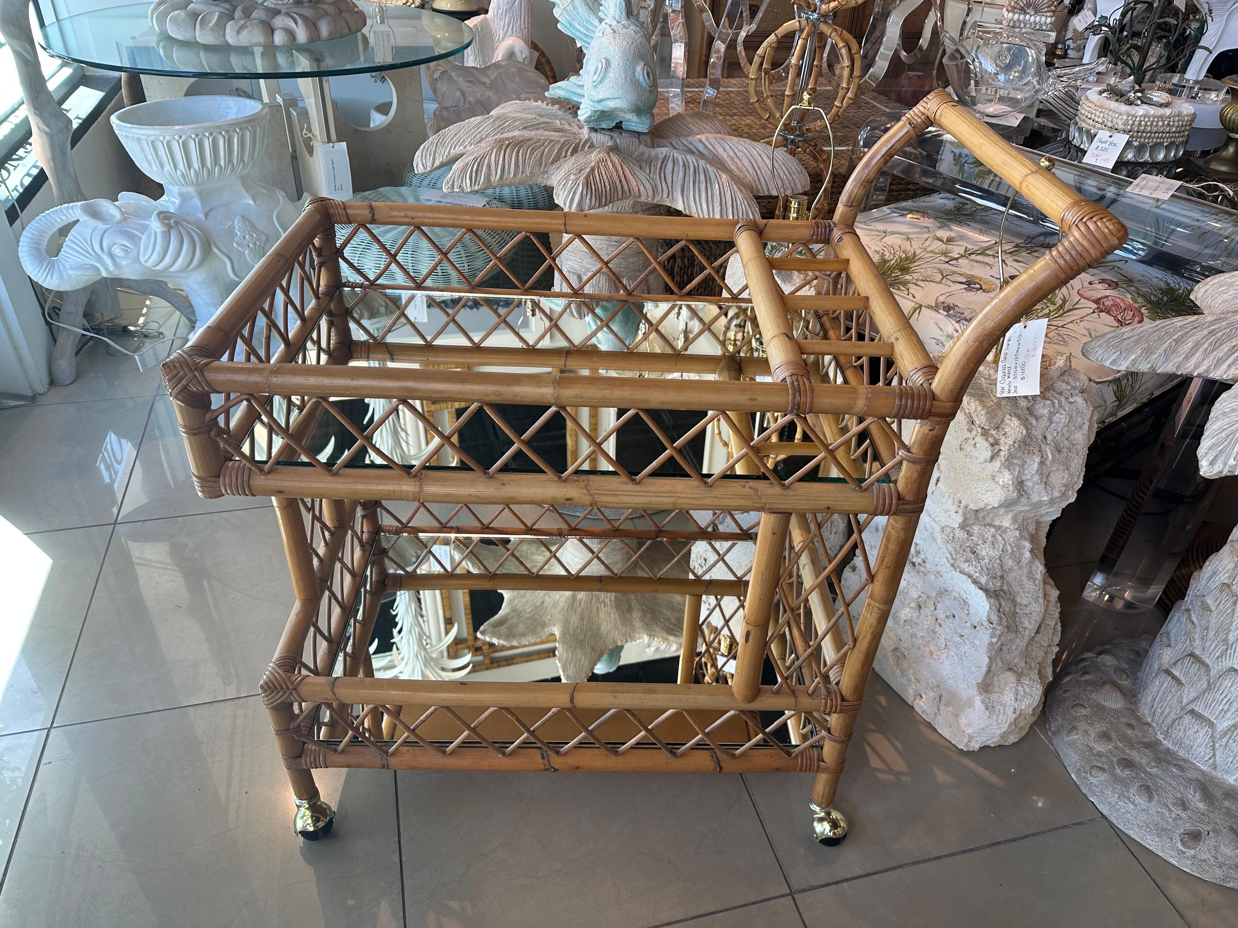 Vintage Rattan Bamboo Serving Bar Cart Two Tier Italian Mirror & Brass Castors 10