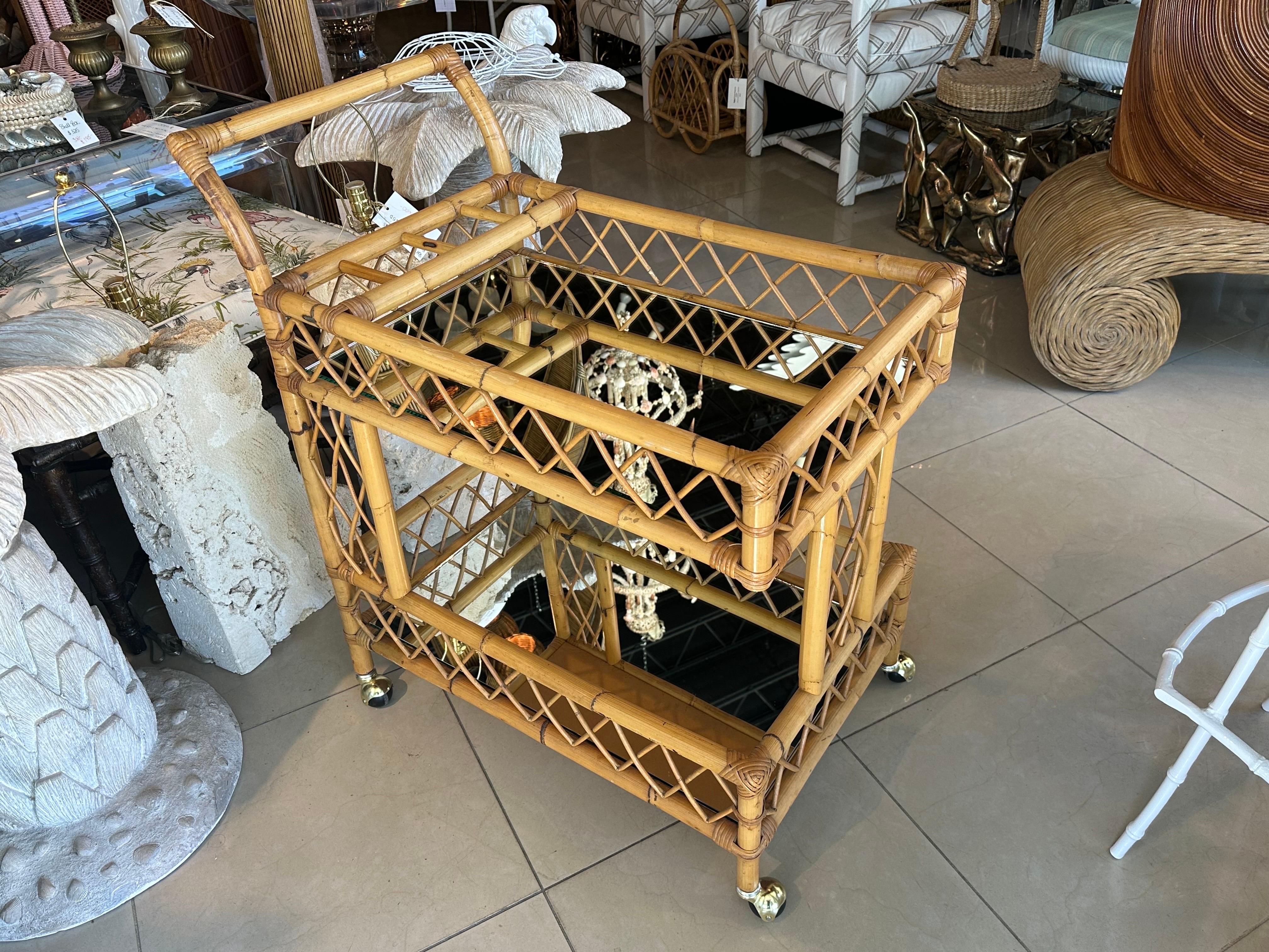 Vintage Rattan Bamboo Serving Bar Cart Two Tier Italian Mirror & Brass Castors In Good Condition In West Palm Beach, FL