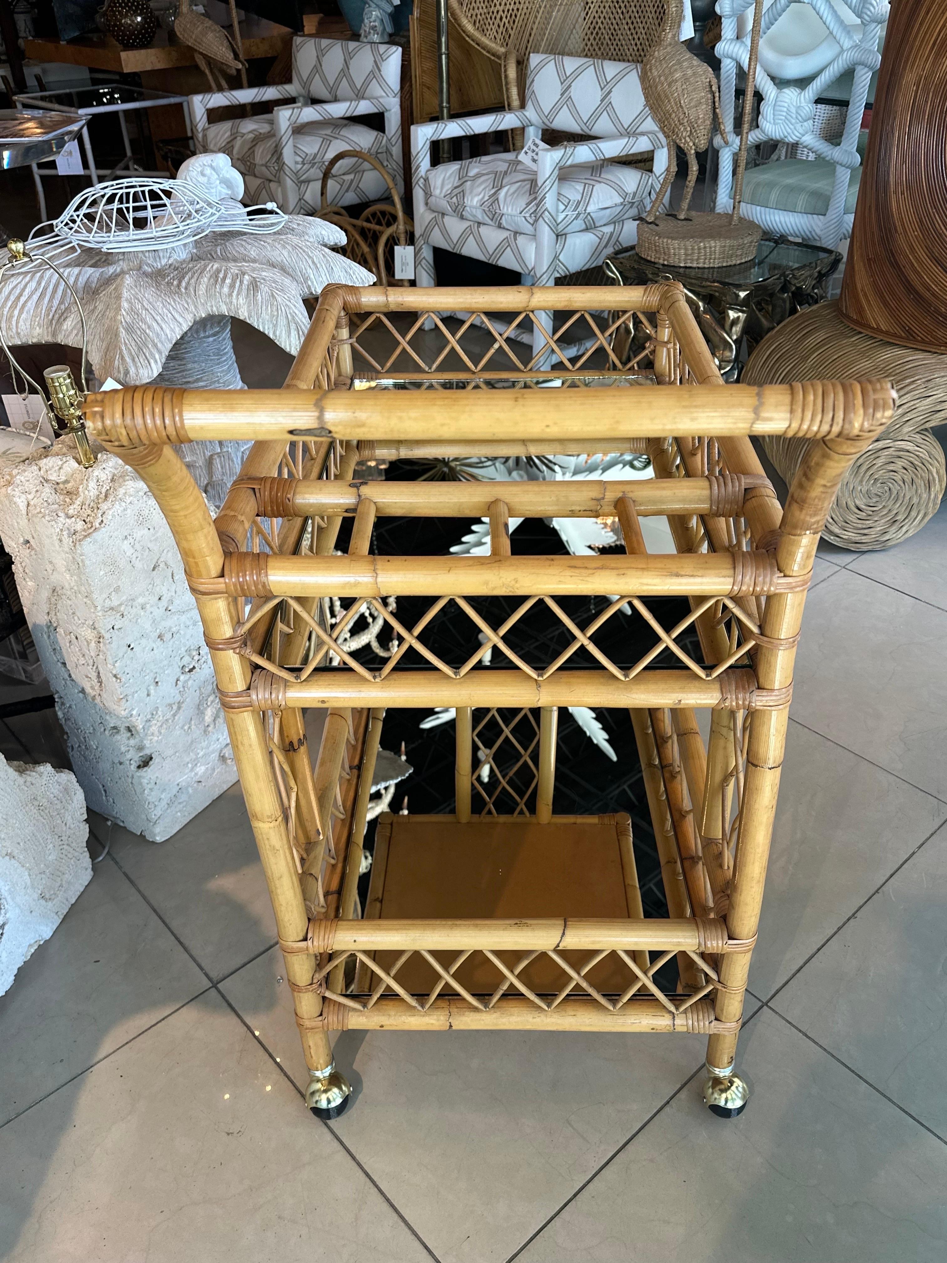 Late 20th Century Vintage Rattan Bamboo Serving Bar Cart Two Tier Italian Mirror & Brass Castors