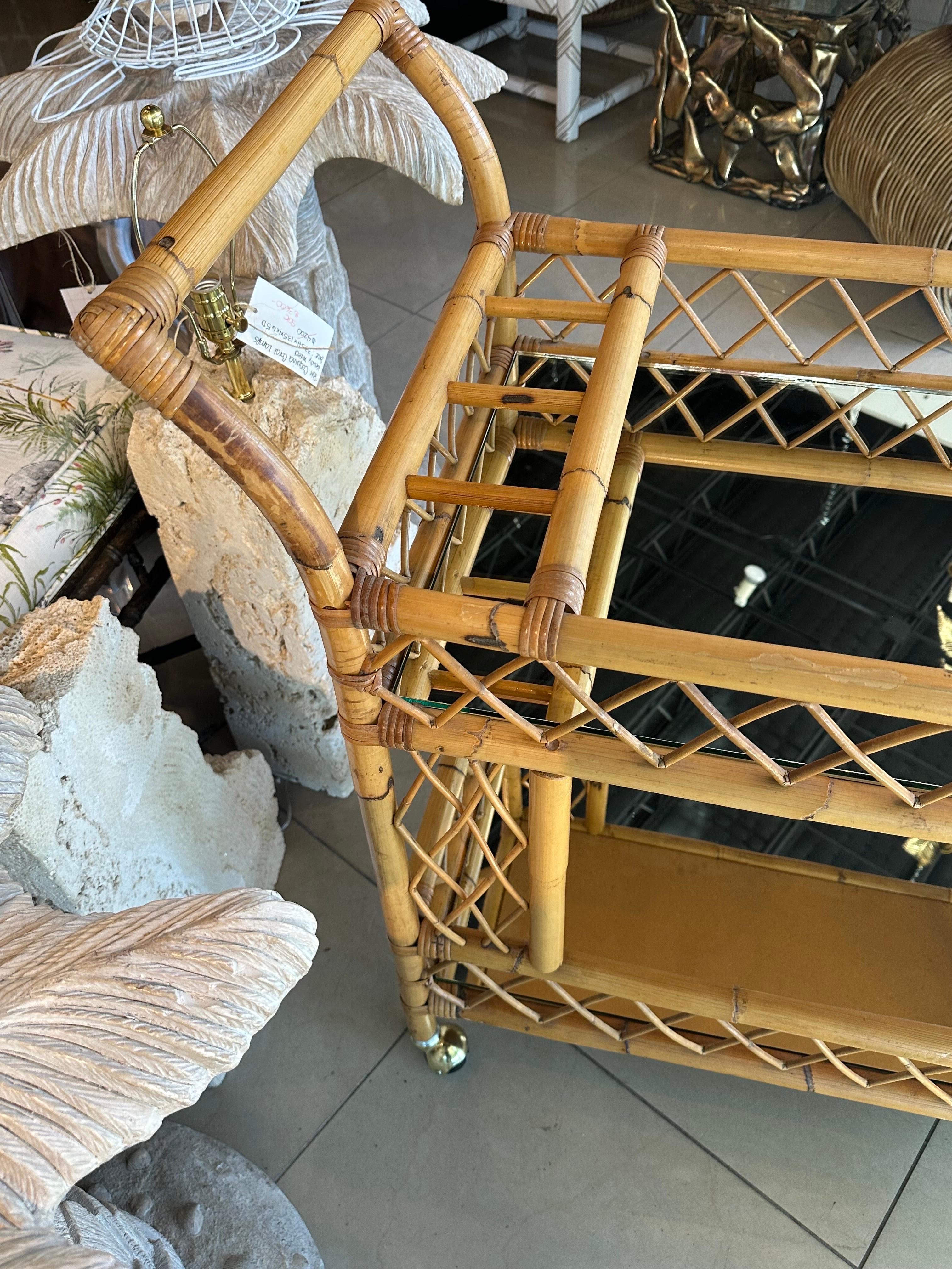 Vintage Rattan Bamboo Serving Bar Cart Two Tier Italian Mirror & Brass Castors 1