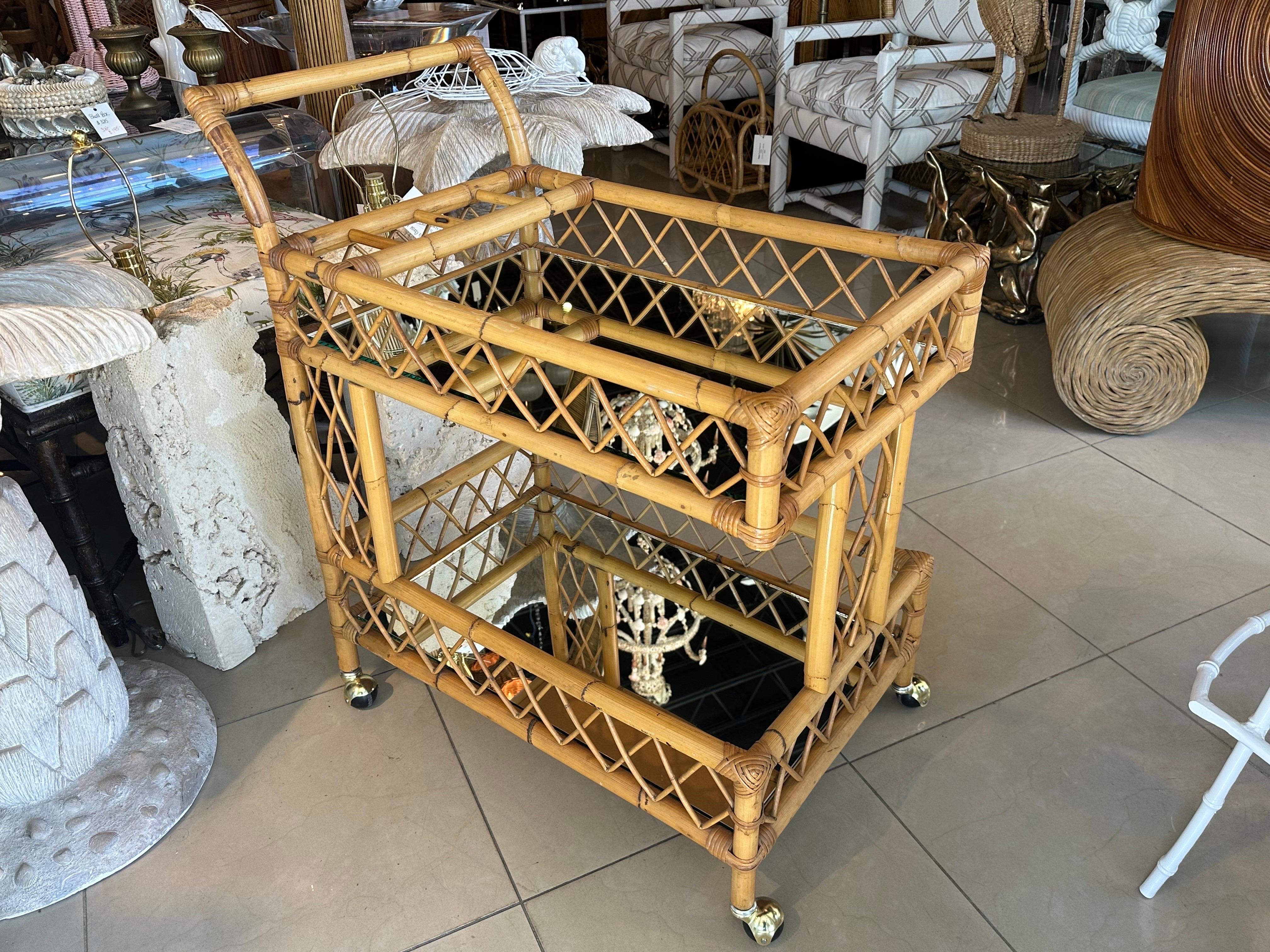 Vintage Rattan Bamboo Serving Bar Cart Two Tier Italian Mirror & Brass Castors 2