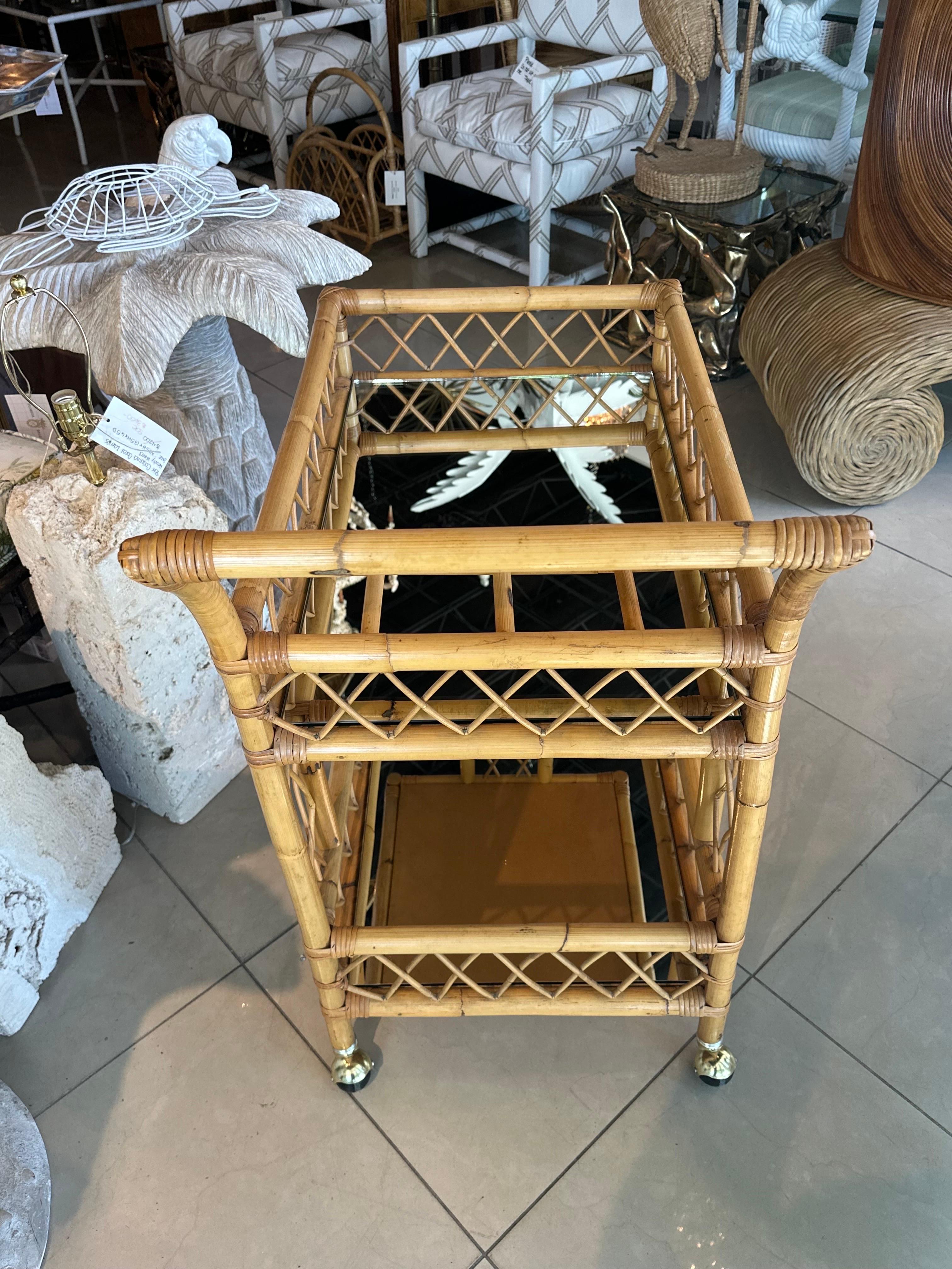 Vintage Rattan Bamboo Serving Bar Cart Two Tier Italian Mirror & Brass Castors 3