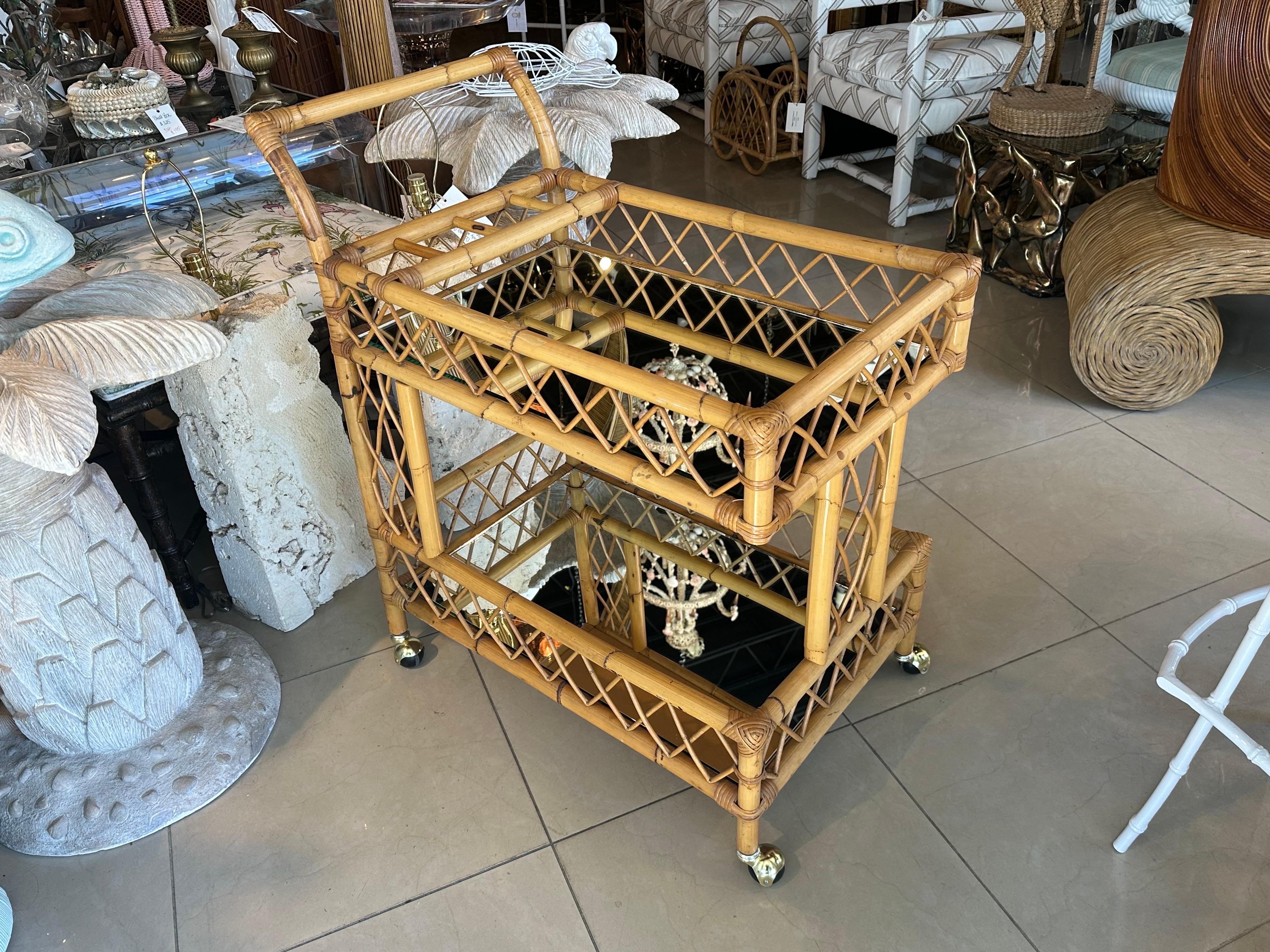 Vintage Rattan Bamboo Serving Bar Cart Two Tier Italian Mirror & Brass Castors 4